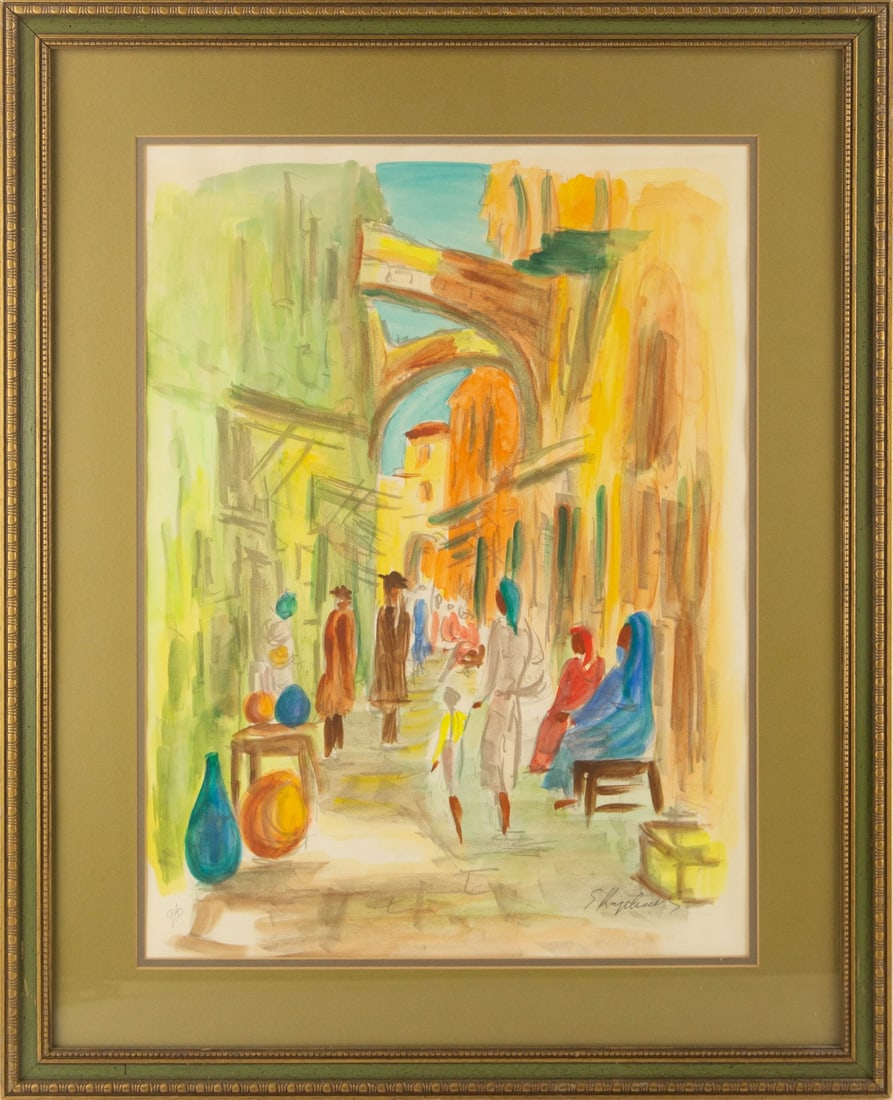 S. Raphael "" Lithograph Cityscape: Title: Medium: Lithograph Painting Size: 23.25 x 17.25 inches Frame Size: 31.5 x 25.5 inches Condition: This artwork is in good condition for its age. Signature: Signed Artist: S. Raphael About Artist