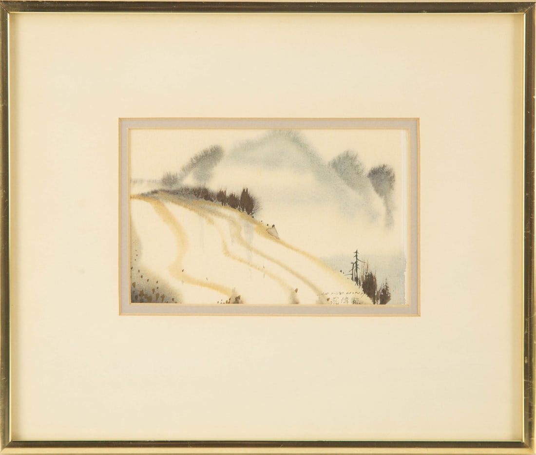 Wai Hin Law ( Hong Kong, B. 1939 ) Landscape Watercolor: Medium: Watercolor Style: Landscape Painting Size: 4.5 x 7 inches Frame Size: 11.25 x 13.25 inches Condition: This artwork is in great condition for its age. Signature: Hand-signed Artist: Wai Hin Law