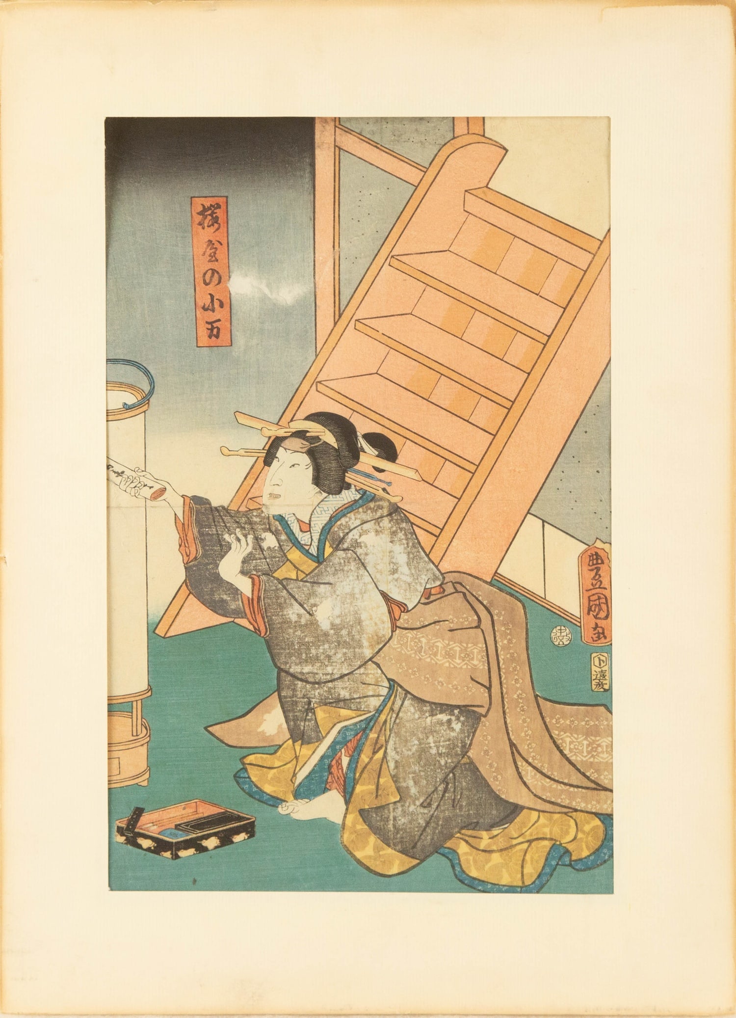 Utagawa Kunisada ( Japanese, 1786 - 1865 ) Ukiyo e Woodblock Print: Medium: Woodblock Print Style: Ukiyo e Painting Size: 13.75 x 9 inches Frame Size: 18 x 13 inches Condition: This artwork is in great condition for its age. Signature: Artist Seal Artist: Utagawa Kuni