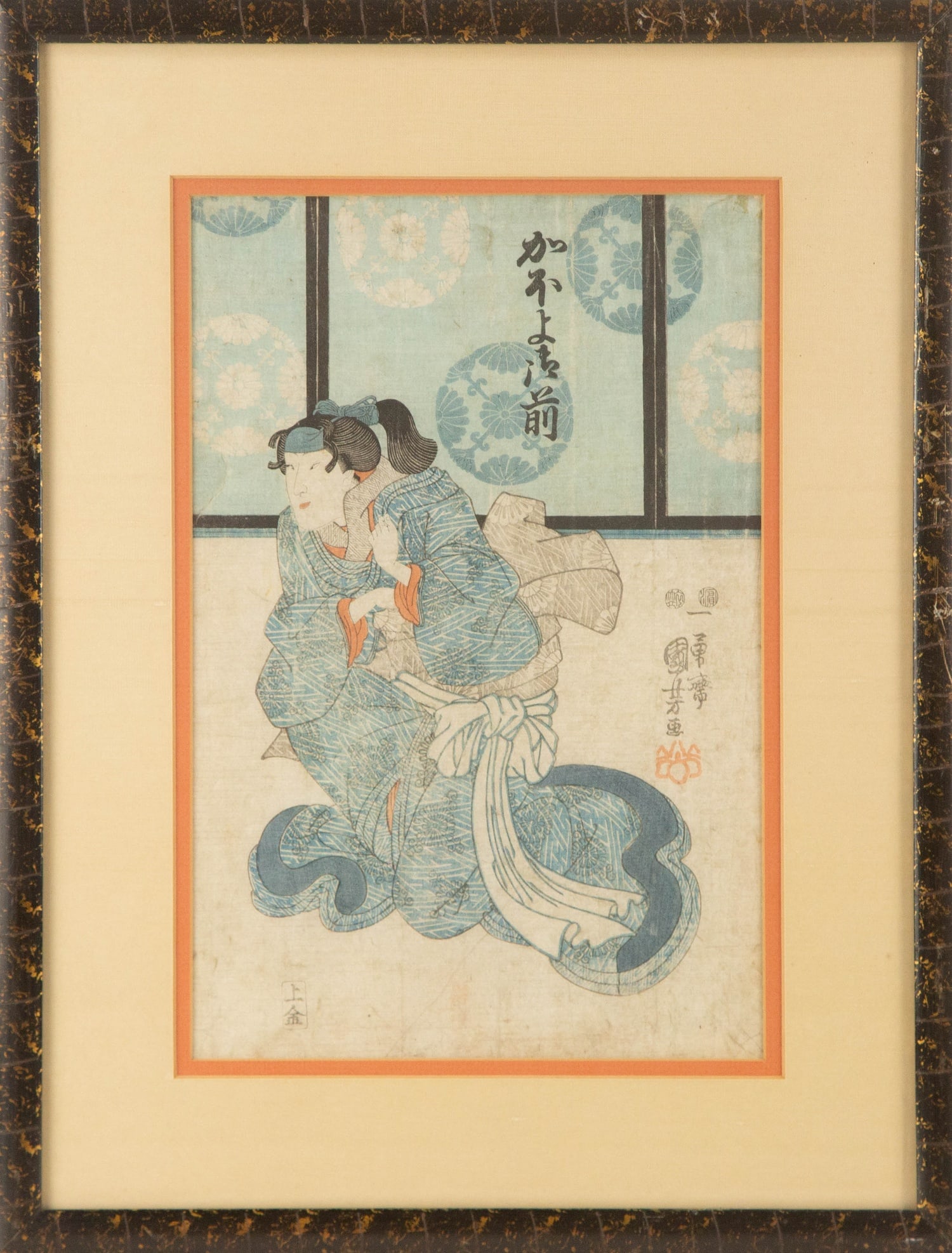Utagawa Kuniyoshi ( Japanese, 1798 - 1861 ) Ukiyo e Woodblock Print: Medium: Woodblock Print Style: Ukiyo e Painting Size: 13.5 x 9 inches Frame Size: 19.75 x 15.25 inches Condition: This artwork is in great condition for its age. Signature: Artist Seal Artist: Utagawa
