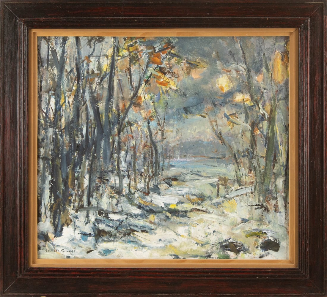 Emile Albert Gruppe ( American, 1876 - 1978 ) Landscape Oil On Board: Medium: Oil On Board Style: Landscape Painting Size: 16 x 17 inches Frame Size: 20 x 21.75 inches Condition: This artwork is in great condition for its age. Signature: Hand-signed Artist: Emile Albert