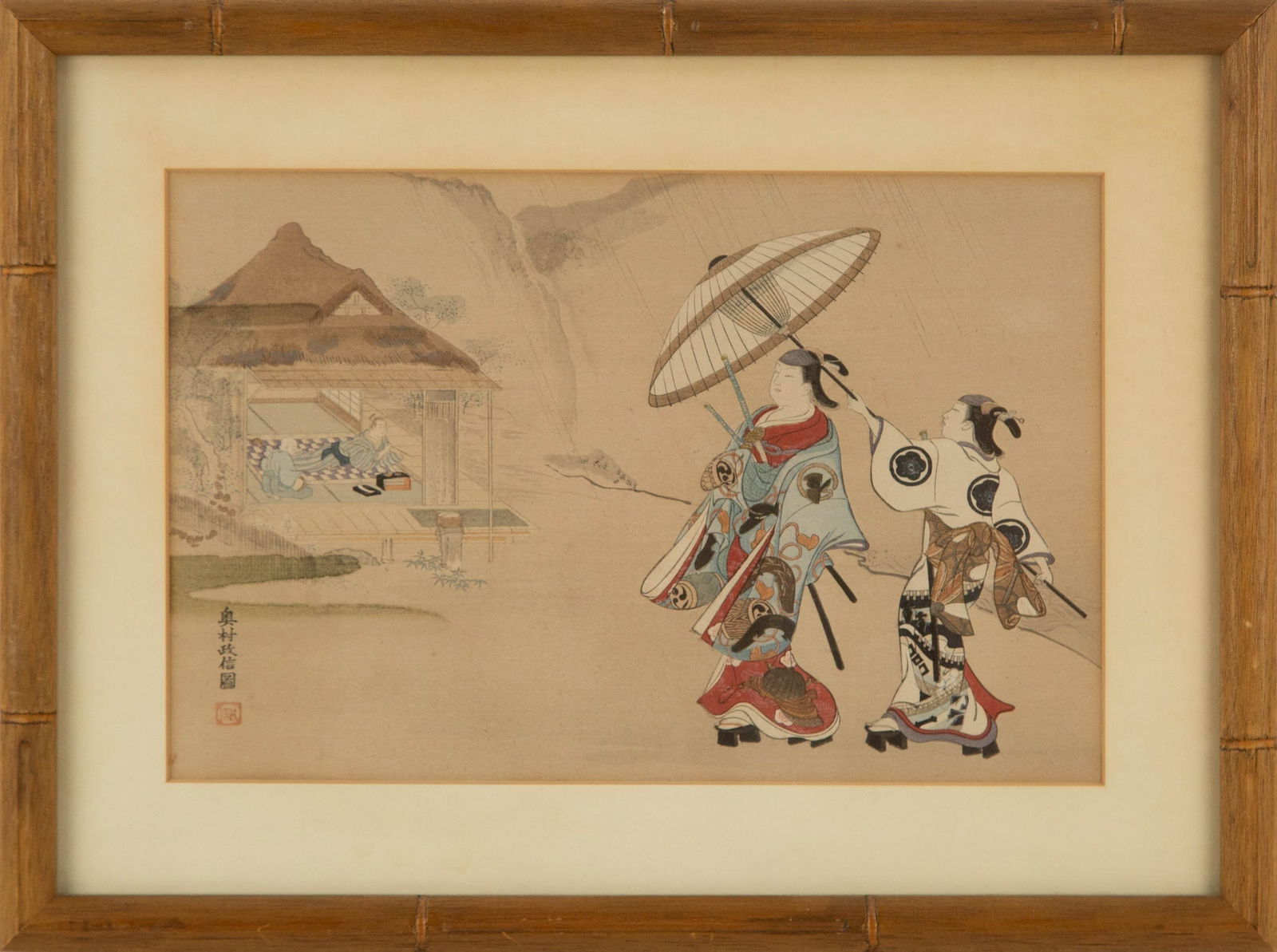 Okumura Masanobu (Japanese, 1686-1764) Ukiyo e Woodblock Print "Ogura-Yama" (1 of 11)