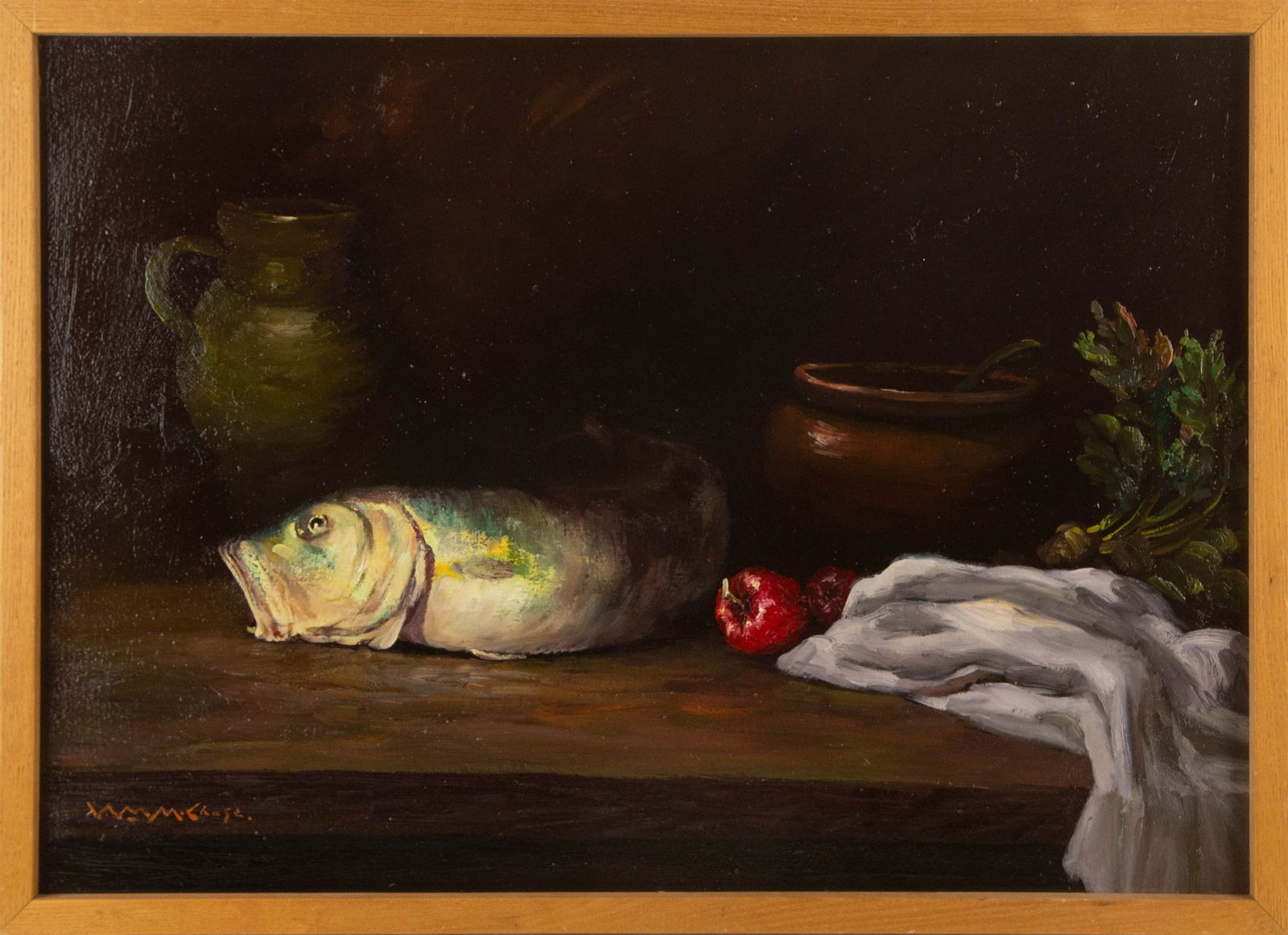 William Merritt Chase (American, 1849 - 1916 ) Still Life Oil On Canvas: Medium: Oil On Canvas Style: Still Life Painting Size: 20 x 28 inches Frame Size: 21 x 29 inches Condition: This artwork is in great condition for its age. Signature: Hand-signed Artist: William Merri