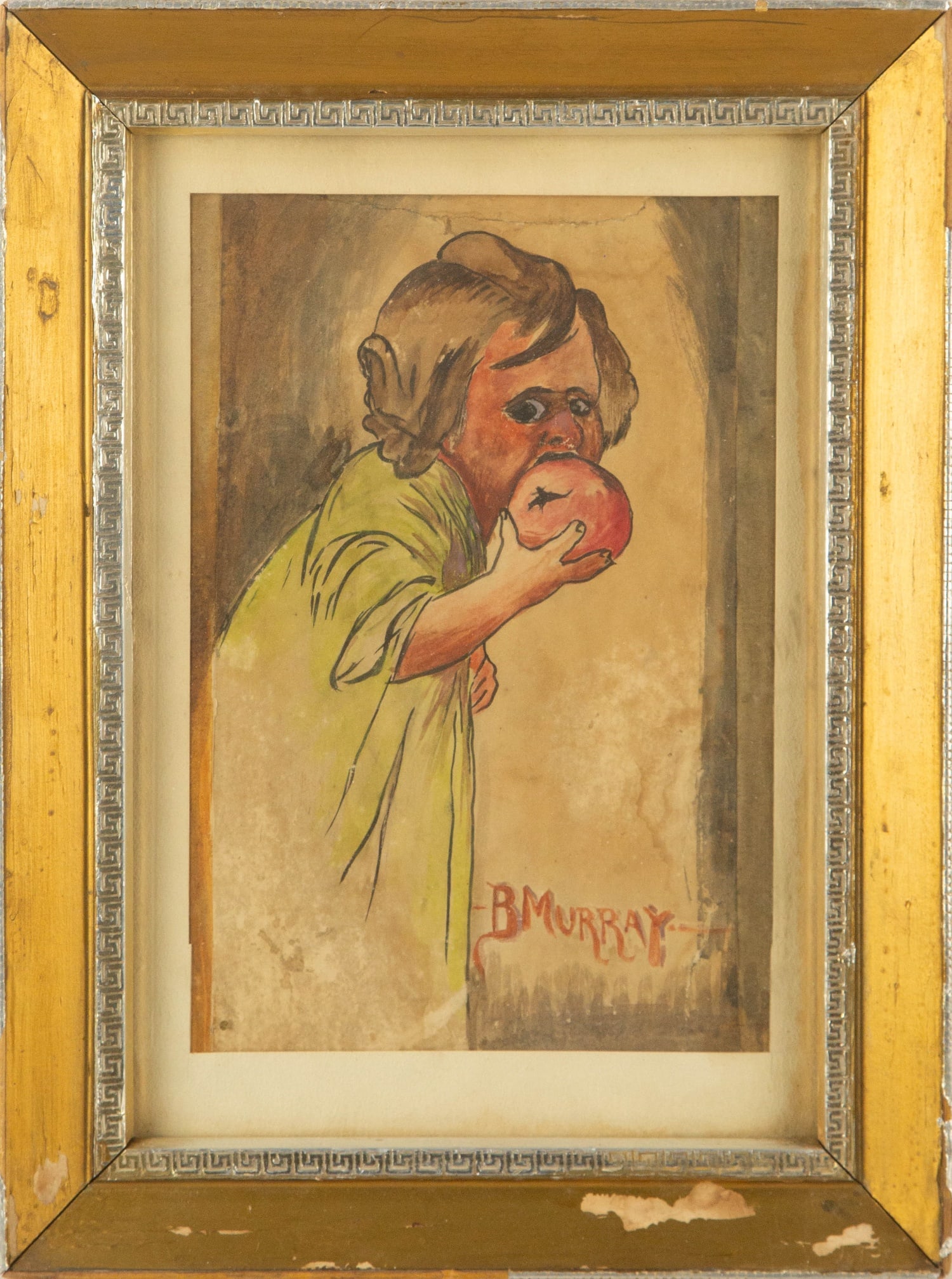Bentley P. Murray "Hungry Girl" Watercolor Portrait: Title: Hungry Girl Medium: Watercolor Painting Size: 10.5 x 7.5 inches Frame Size: 15.5 x 11.5 inches Condition: This artwork is in good condition for its age. Signature: Signed Artist: Bentley P. Mur