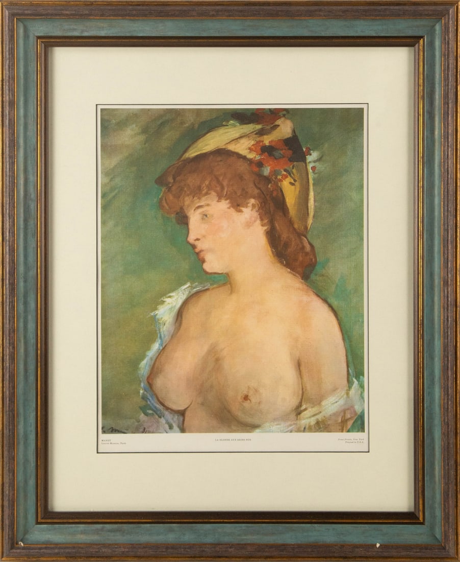 Edouard Manet (French, 1832?1883) "Blonde Woman with Bare Breasts" Print Portrait: Title: Blonde Woman with Bare Breasts Medium: Print Painting Size: 14 x 11 inches Frame Size: 22.75 x 18.75 inches Condition: This artwork is in good condition for its age. Signature: Signed Artist: E