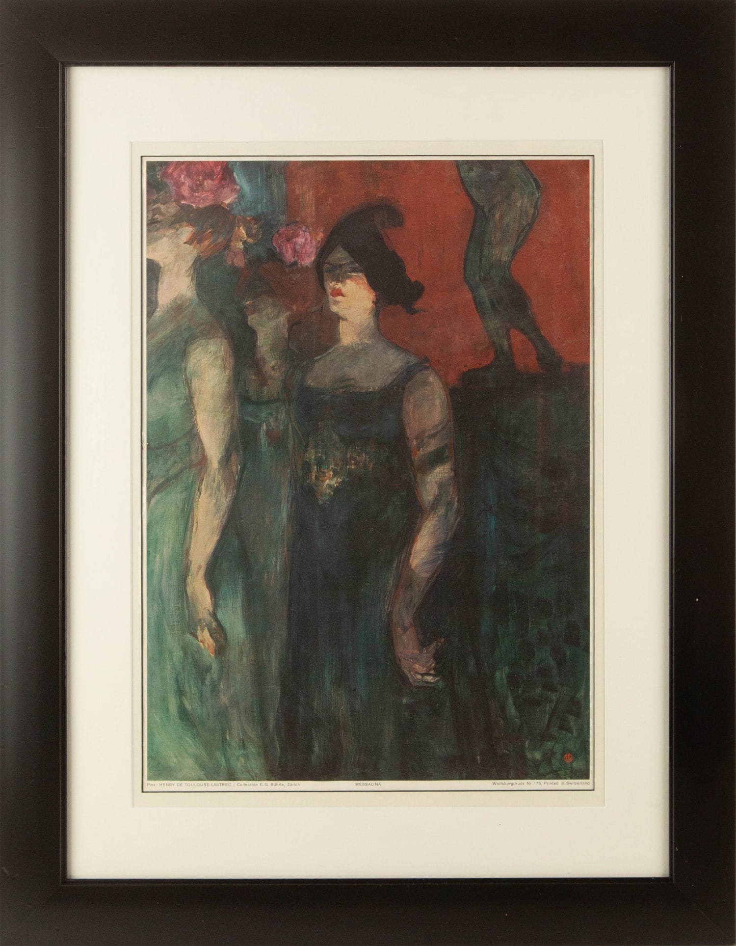 Henri de Toulouse-Lautrec ( French, 1864 - 1901 ) "Messaline" Print Portrait: Title: Messaline Medium: Print Painting Size: 24 x 18 inches Frame Size: 27.5 x 21.5 inches Condition: This artwork is in good condition for its age. Signature: Stamped Artist: Henri de Toulouse-Lautr