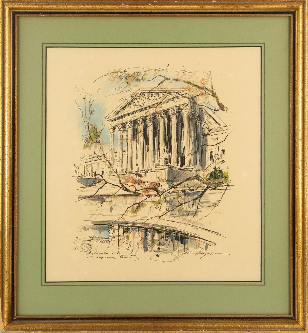 John Haymson Landscape Mixed Media "TheSupreme Court ": Title: TheSupreme Court Medium: Mixed Media Painting Size: 14" x 13" Frame Size: 20" x 18.5" Condition: This artwork is in good overall condition for its age. Signature: Printed Signature Artist: