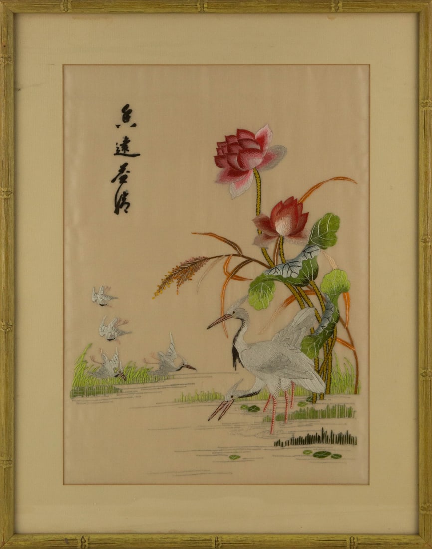 Landscape Textile Art "Herons in Lotus Pond": Title: Herons in Lotus Pond Medium: Textile Art Painting Size: 20" x 14.5" Frame Size: 26.25" x 20.75" Condition: This artwork is in good overall condition for its age. Signature: No Signature
