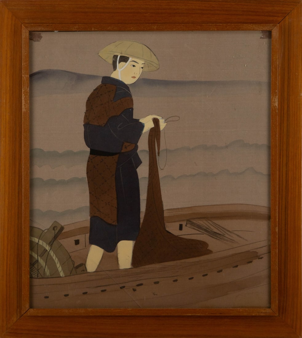 Nihonga Watercolor On Silk "Fisherman with Net": Title: Fisherman with Net Medium: Watercolor On Silk Painting Size: 16" x 14" Frame Size: 19.5" x 17.5" Condition: Please Note the glass is broken on the lower left side. Signature: No Signature