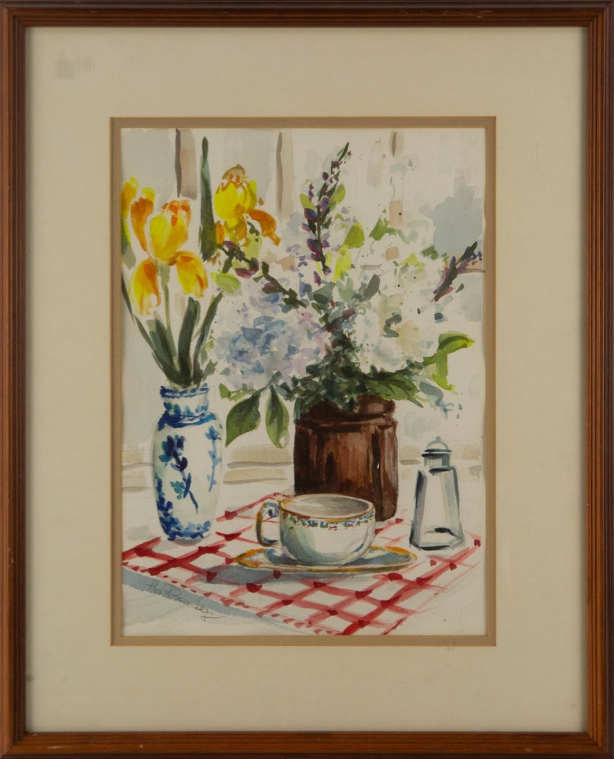 Ao Posevkey Still Life Watercolor "Windowsill In The Sun": Title: Windowsill In The Sun Medium: Watercolor Painting Size: 14" x 10" Frame Size: 21" x 17" Condition: This artwork is in good overall condition for its age. Signature: Hand-signed Artist: Ao