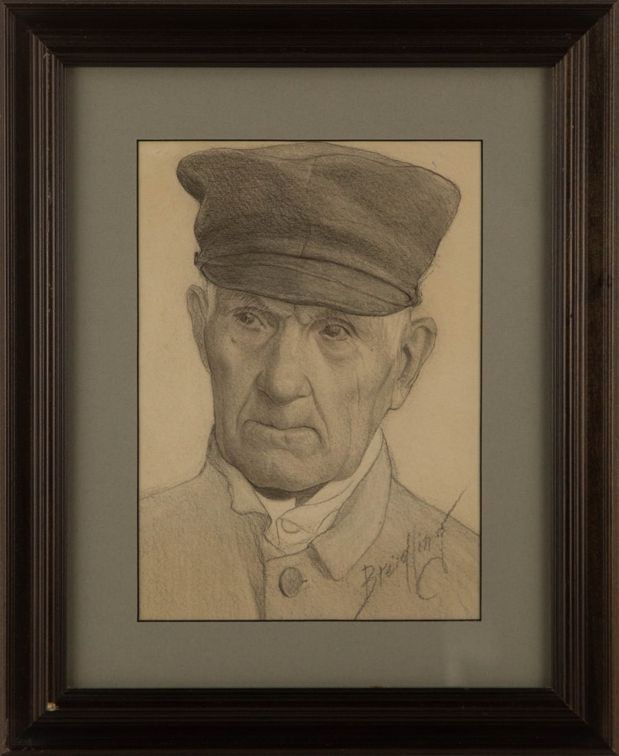 Breidling Portrait Charcoal "Man With Hat": Title: Man With Hat Medium: Charcoal Painting Size: 10.5" x 7.5" Frame Size: 16.5" x 13.5" Condition: This artwork is in good overall condition for its age. Signature: Hand-signed Artist: Breidling 