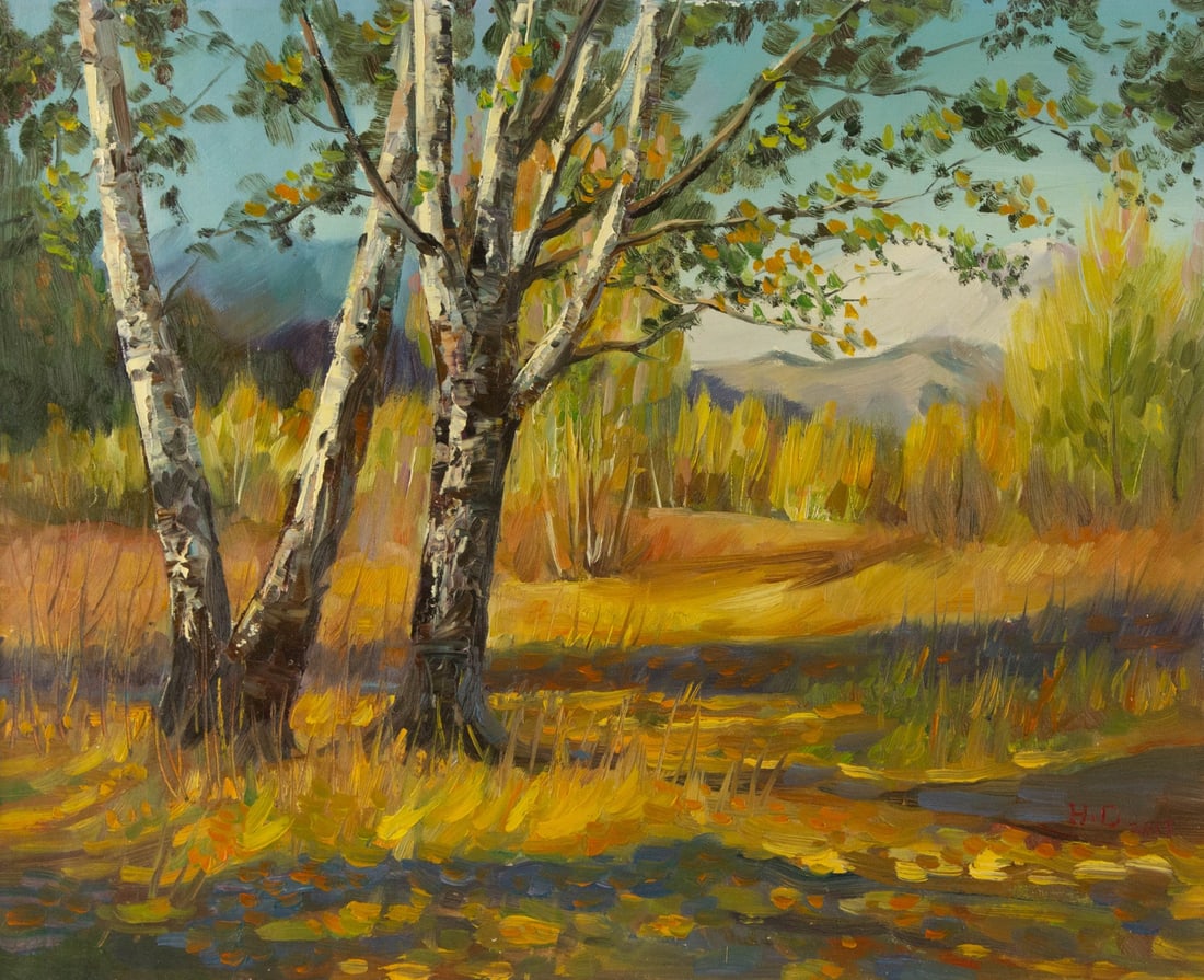 Da Hong Landscape Original Oil On Canvas "Birch Trees" (1 of 10)