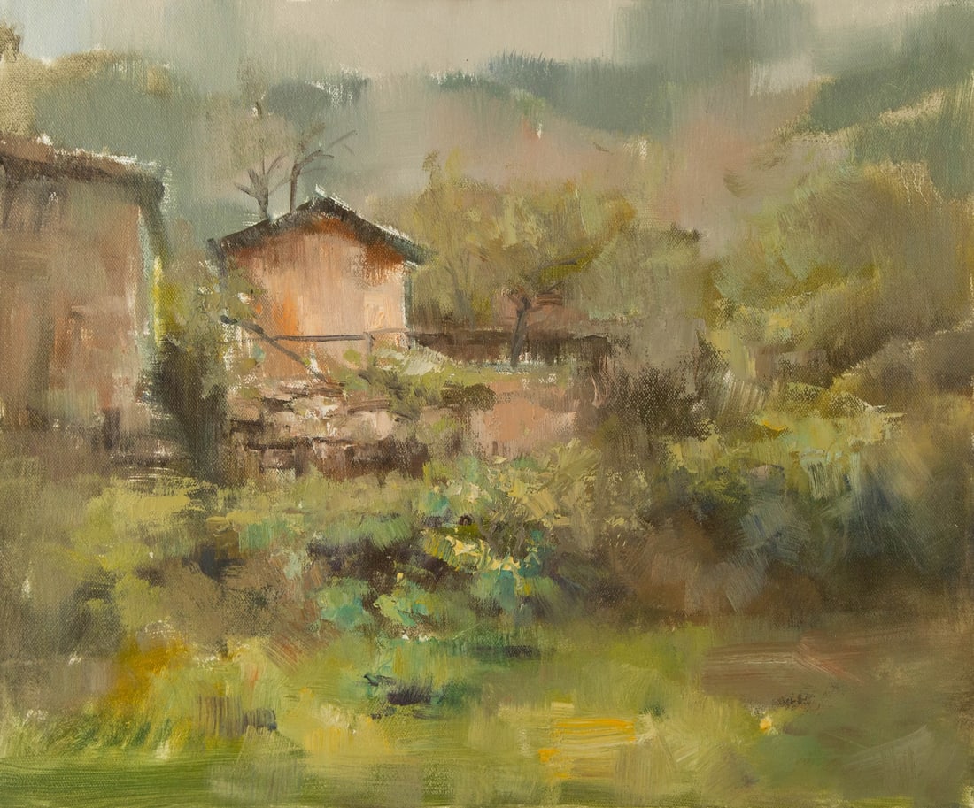 Jinghua Shuai Landscape Original Oil On Canvas "Cottage in the Woods" (1 of 10)
