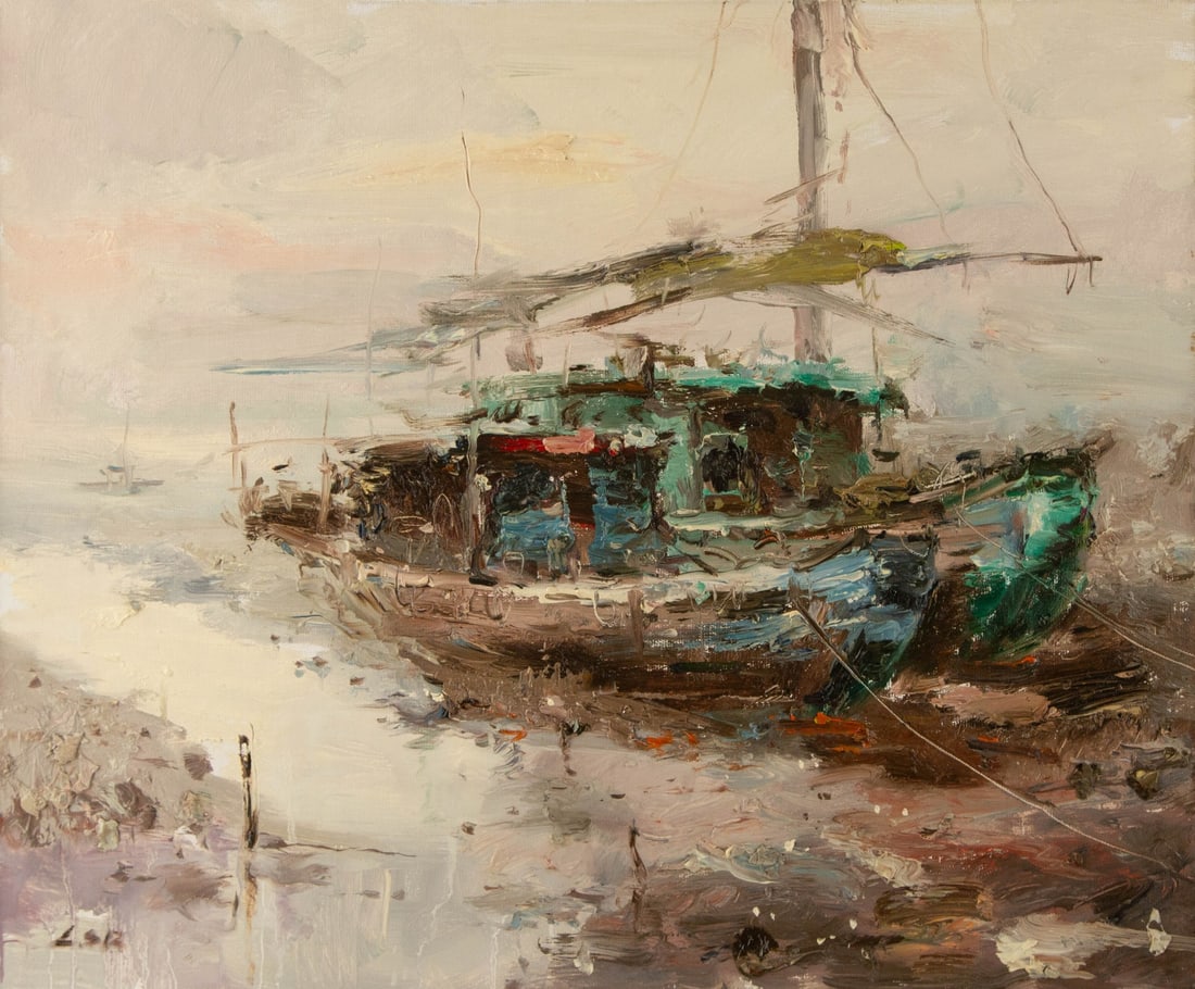 Shurong Lin Waterscape Original Oil On Canvas "Leaving or Arriving" (1 of 10)