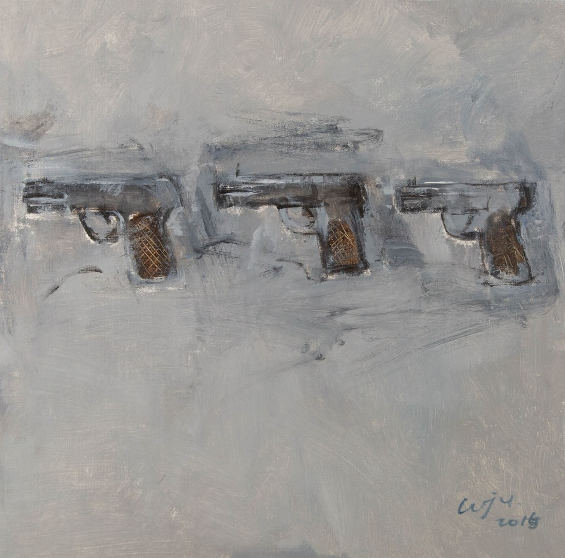 Jingyu Wang Still Life Original Acrylic On Canvas "Three Guns": Title: Three Guns Medium: Oil on canvas Size: 20 x 20.5 inches Frame: Framing options available! Condition: The painting appears to be in excellent condition. Note: This painting is unstretched, shipp