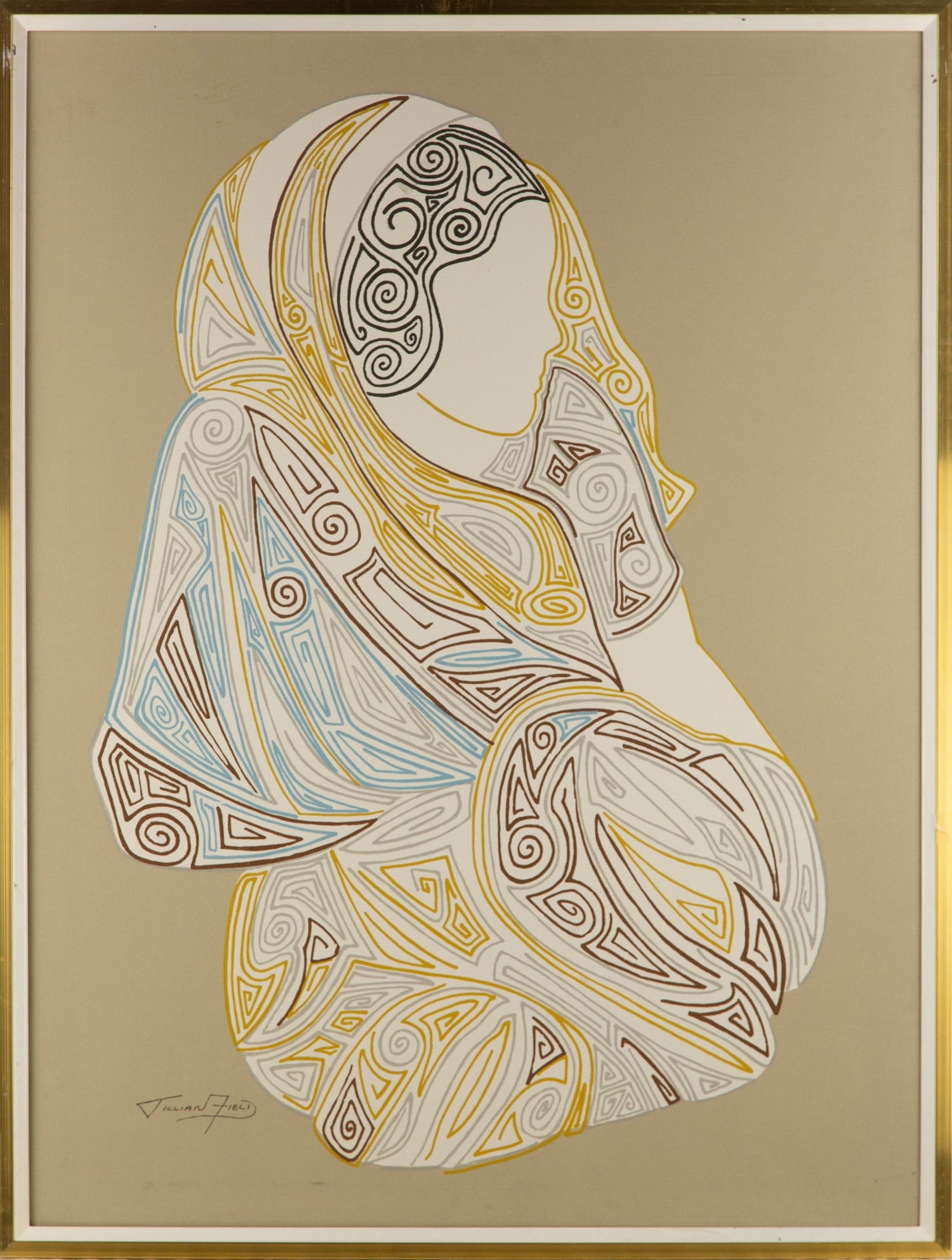 Jillian Field (American 1950-1997) Portrait Oil On Canvas "Woman Wearing Traditional Dress": Title: Woman Wearing Traditional Dress Medium: Oil On Canvas Painting Size: 39.5" x 29.5" Frame Size: 42" x 32" Condition: This artwork is in good overall condition for its age. Signature: Hand-signed