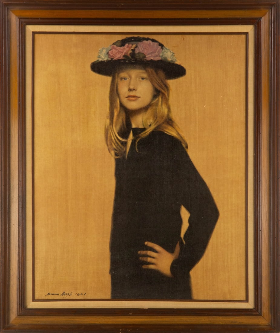 Aoimia Hepple Portrait Print "Lady With Flower Hat": Title: Lady With Flower Hat Medium: Print Painting Size: 29.5" x 23.5" Frame Size: 37.25" x 31.5" Condition: This artwork is in good overall condition for its age. Signature: Printed Signature Artist: