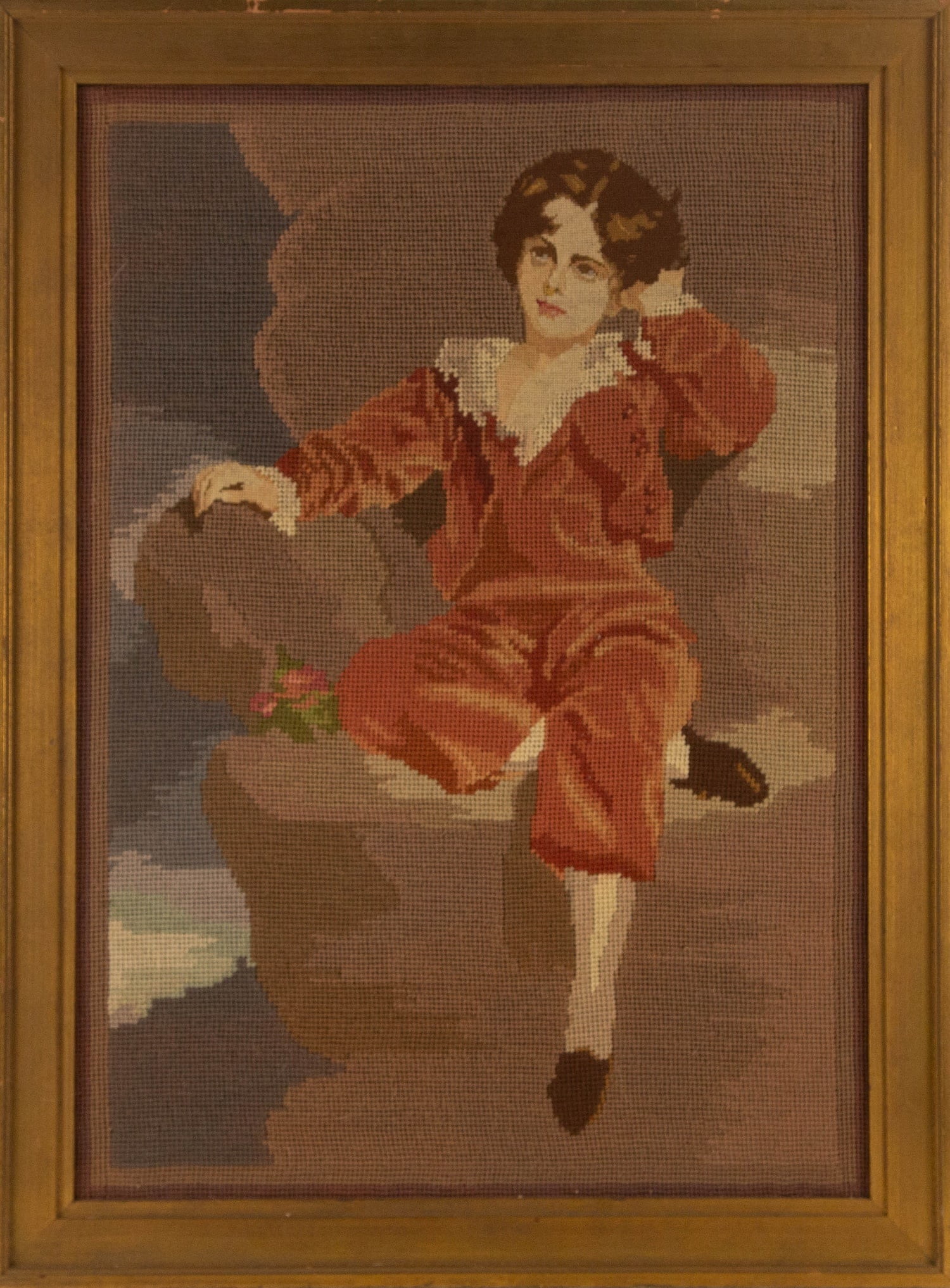 Portrait Textile Art "The Red Boy": Title: The Red Boy Medium: Textile Art Painting Size: 23.5" x 16.5" Frame Size: 27" x 20.25" Condition: This artwork is in good overall condition for its age. Signature: No Signature Artist: After Tho