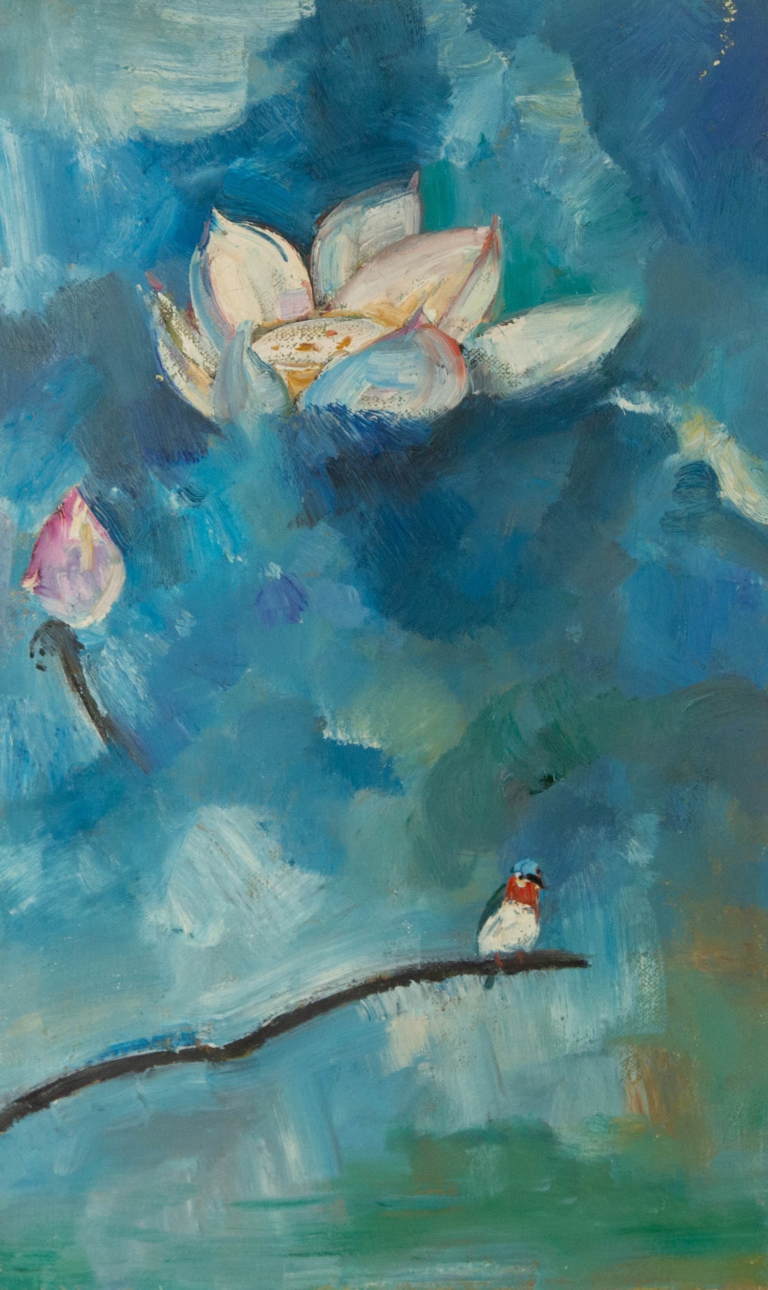 Mingyan Li Floral Original Oil On Canvas "Lotus With Bird II" (1 of 10)