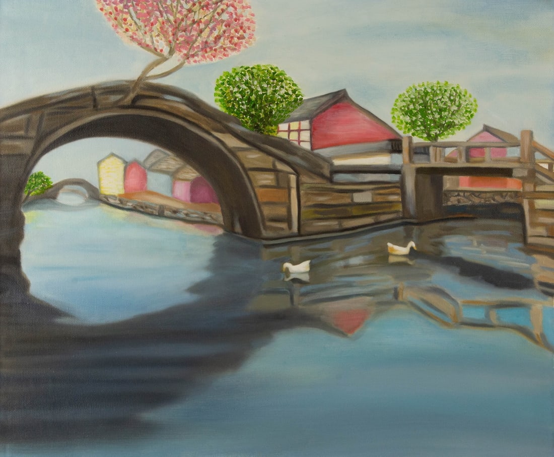 Tongshan Xue Landscape Original Acrylic On Canvas "Under the Bridge": Title: Under the Bridge Medium: Oil on canvas Size: 19.5 x 23.5 inches Frame: Framing options available! Condition: The painting appears to be in excellent condition. Note: This painting is unstretche