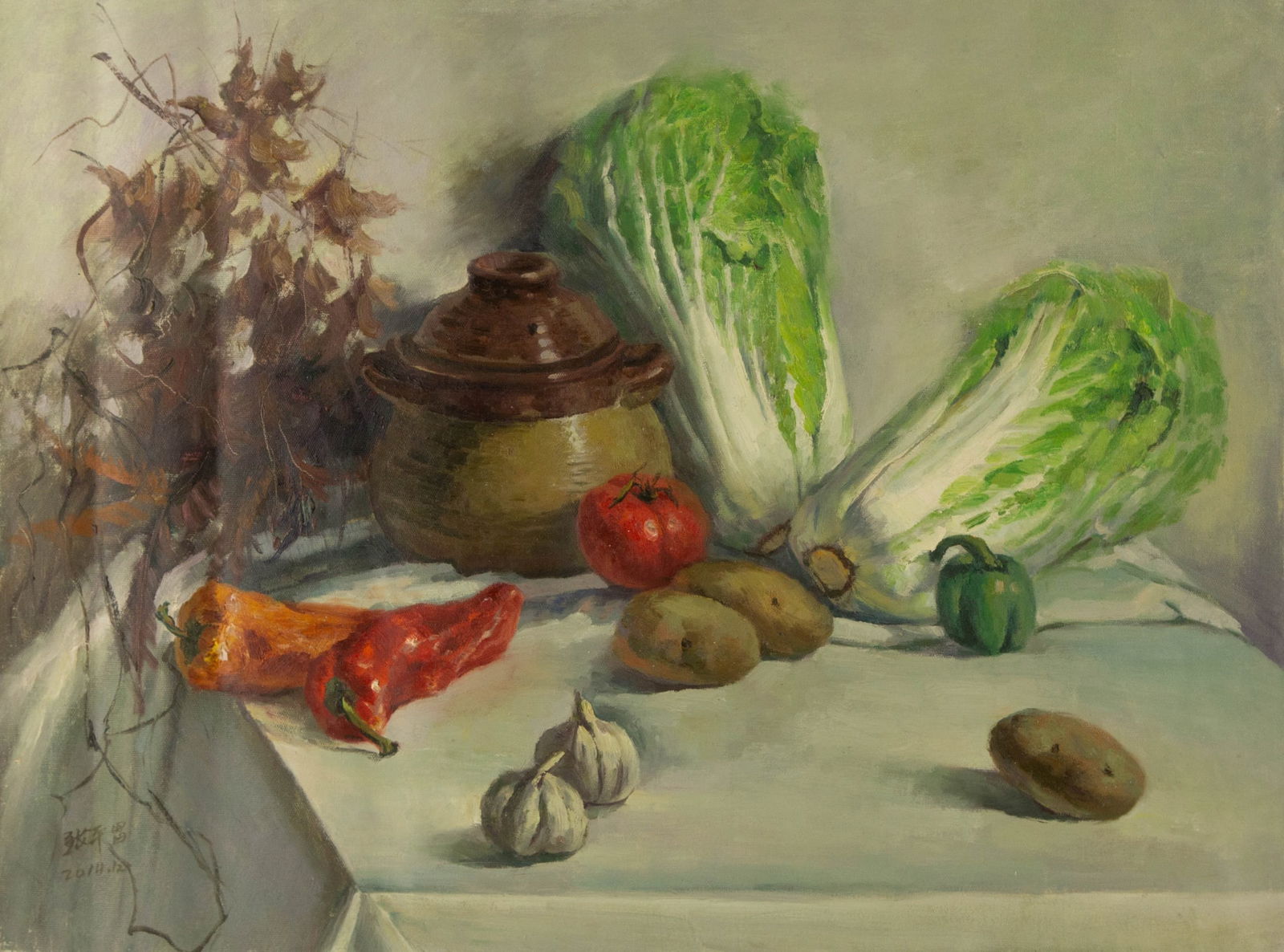 Pingchang Zhang Still Life Original Oil On Canvas "Family Dish" (1 of 11)