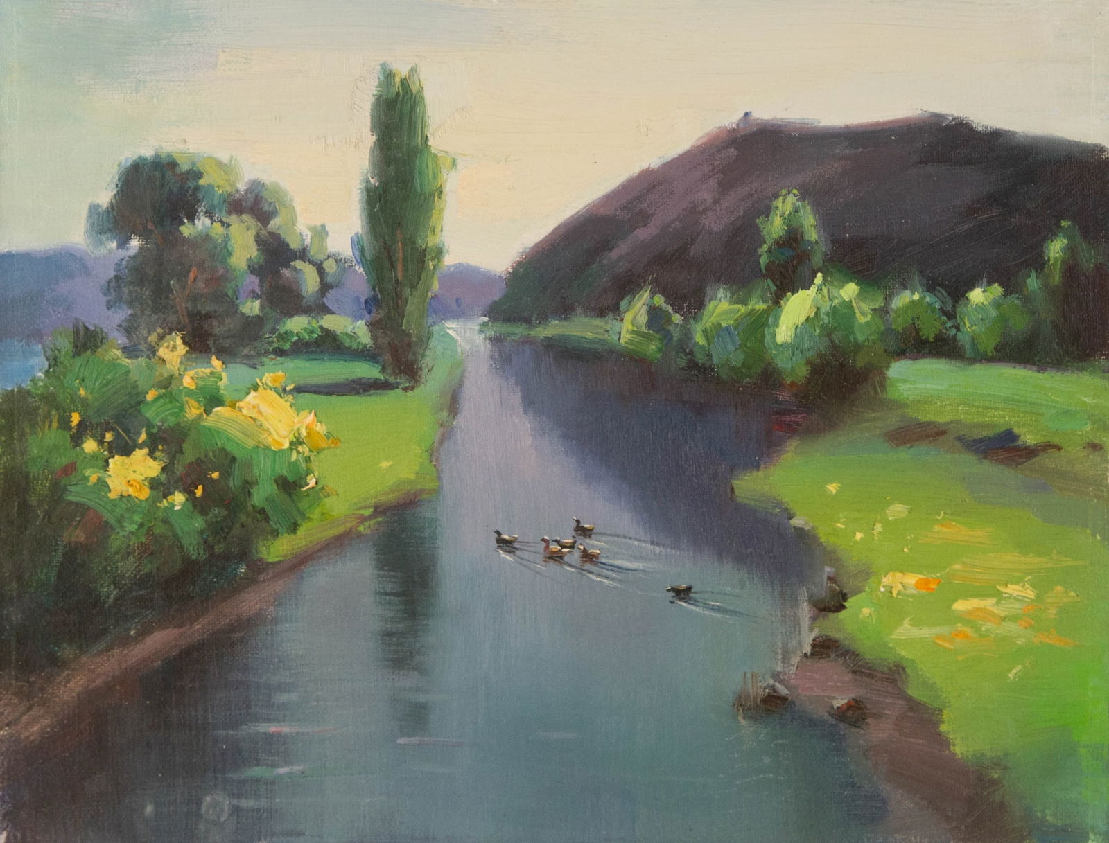 Jing Hong Landscape Original Oil On Canvas "Jiangnan Impression": Title: Jiangnan Impression Medium: Oil on canvas Size: 11.75 x 15.5 inches Frame: Framing options available! Condition: The painting appears to be in excellent condition. Note: This painting is unstre