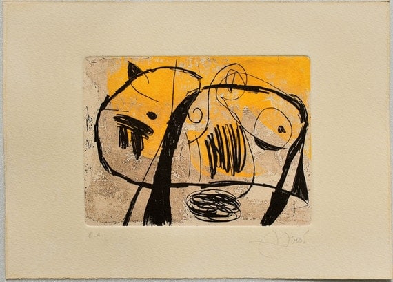 Joan Miro ( Spanish, B. 1893 ) Large Abstract Limited Edition on Arches Fine Art Paper: Medium: Limited Edition on Arches Fine Art Paper Style: Abstract Painting Size: 8 x 12 inches Frame Size: N/A x N/A inches Condition: This artwork is in great condition for its age. Signature: Signed