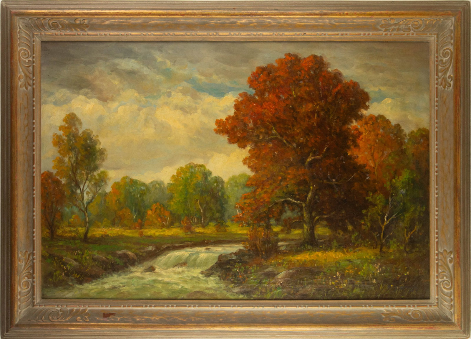 Theodore Clement Steele ( American, 1847 - 1926 ) Landscape Oil On Canvas: Medium: Oil On Canvas Style: Landscape Painting Size: 24 x 36 inches Frame Size: 31.25 x 43.25 inches Condition: Signature: Hand-signed Artist: Theodore Clement Steele ( American, 1847 - 1926 ) CO2603