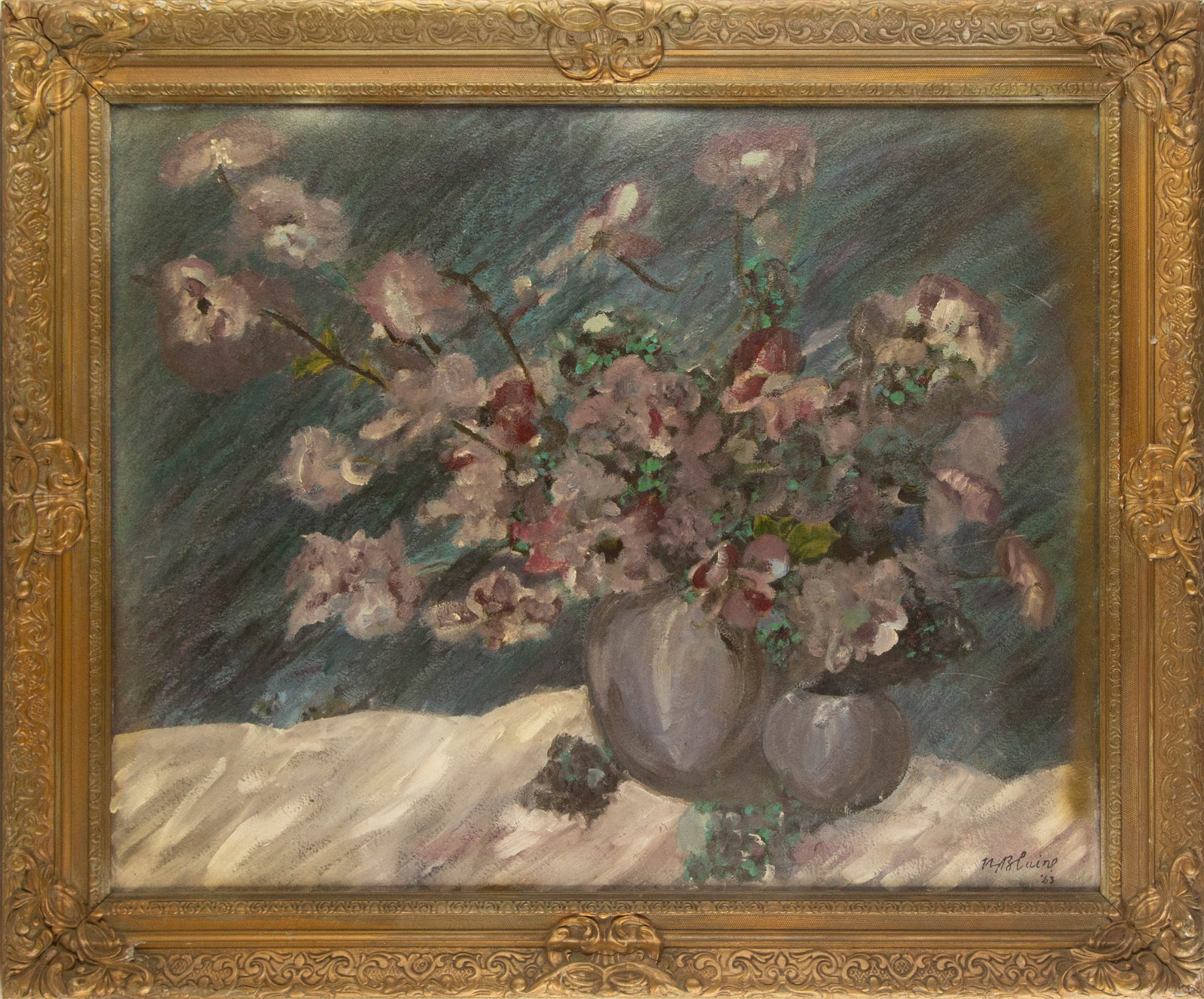 Nell Blair Walden Blaine ( American, 1922 - 1996 ) Still Life Oil On Canvas: Medium: Oil On Canvas Style: Still Life Painting Size: 24 x 30 inches Frame Size: 29.5 x 35.5 inches Condition: Signature: Hand-signed Artist: Nell Blair Walden Blaine ( American, 1922 - 1996 ) CO2603