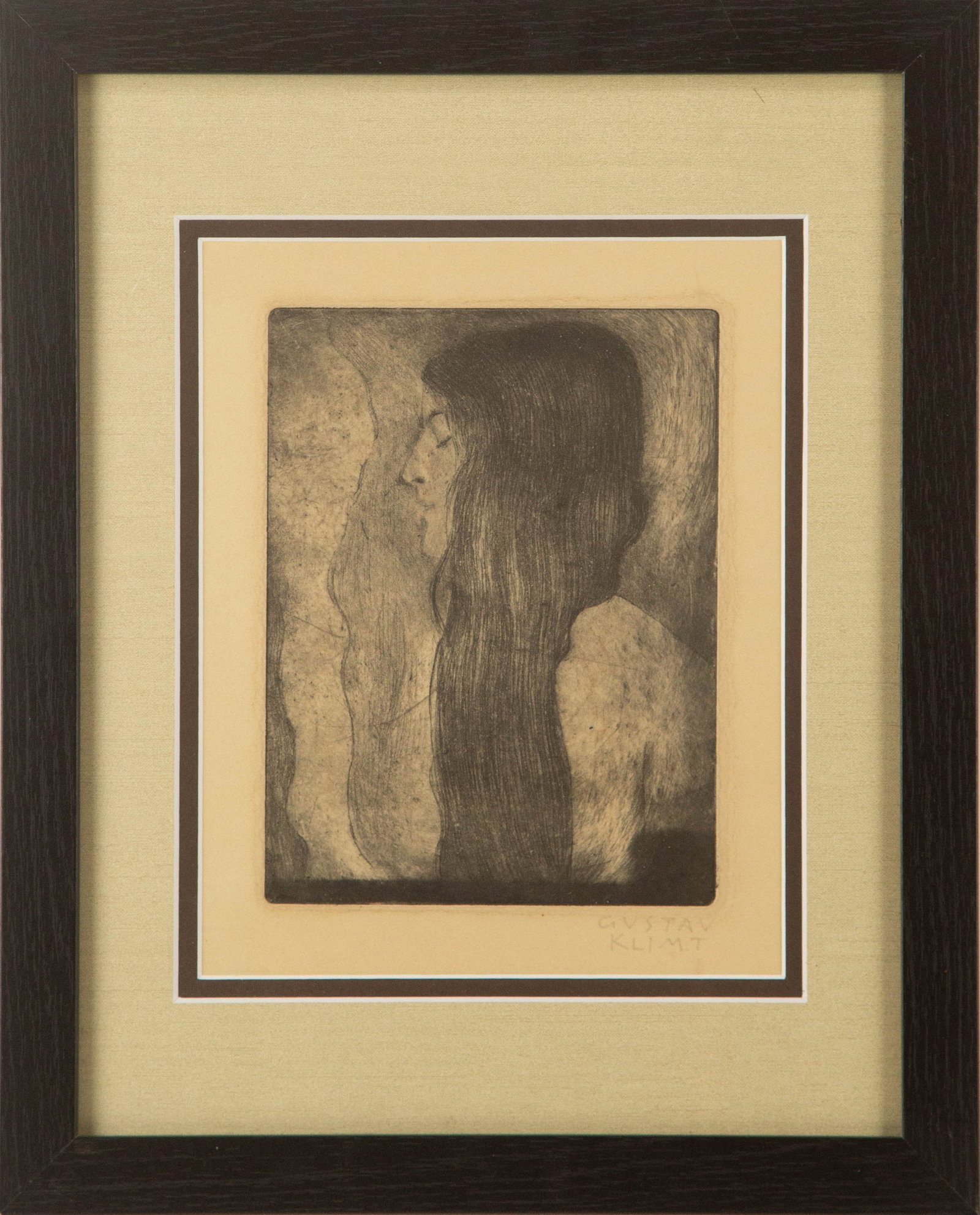 Attributed to Gustav Klimt ( Austrian, 1862 - 1918 ) "Woman in Profile" Etching Portrait: Title: Woman in Profile Medium: Etching Painting Size: 9.5 x 7.5 inches Frame Size: 15.5 x 12.5 inches Condition: This artwork is in good condition for its age. Signature: Signed Artist: Attributed to