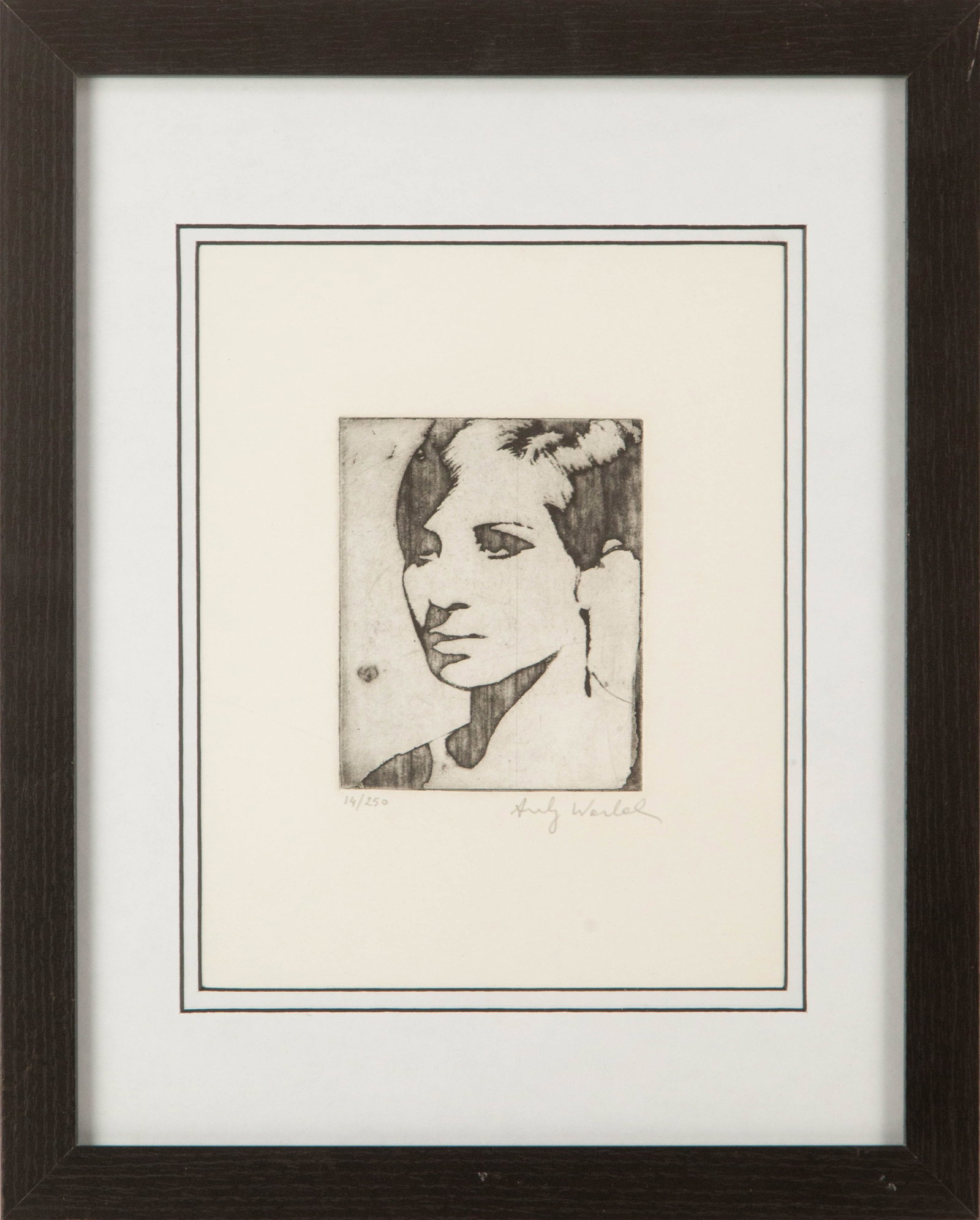 Andy Warhol ( American, 1928 - 1987 ) "" Limited Edition Etching 14/250 Portrait: Title: Medium: Limited Edition Etching 14/250 Painting Size: 9.5 x 7.5 inches Frame Size: 15.5 x 12.5 inches Condition: This artwork is in good condition for its age. Signature: Signed Artist: Andy Wa