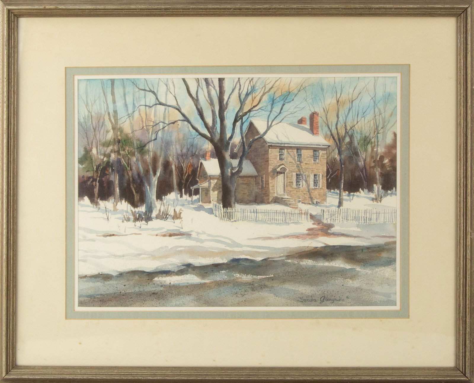 Sandra Giangiulio Landscape Watercolor: Medium: Watercolor Style: Landscape Painting Size: 12.5 x 17.5 inches Frame Size: 21.5 x 26.5 inches Condition: This artwork is in good overall condition for its age. Signature: Signed Artist: Sandra