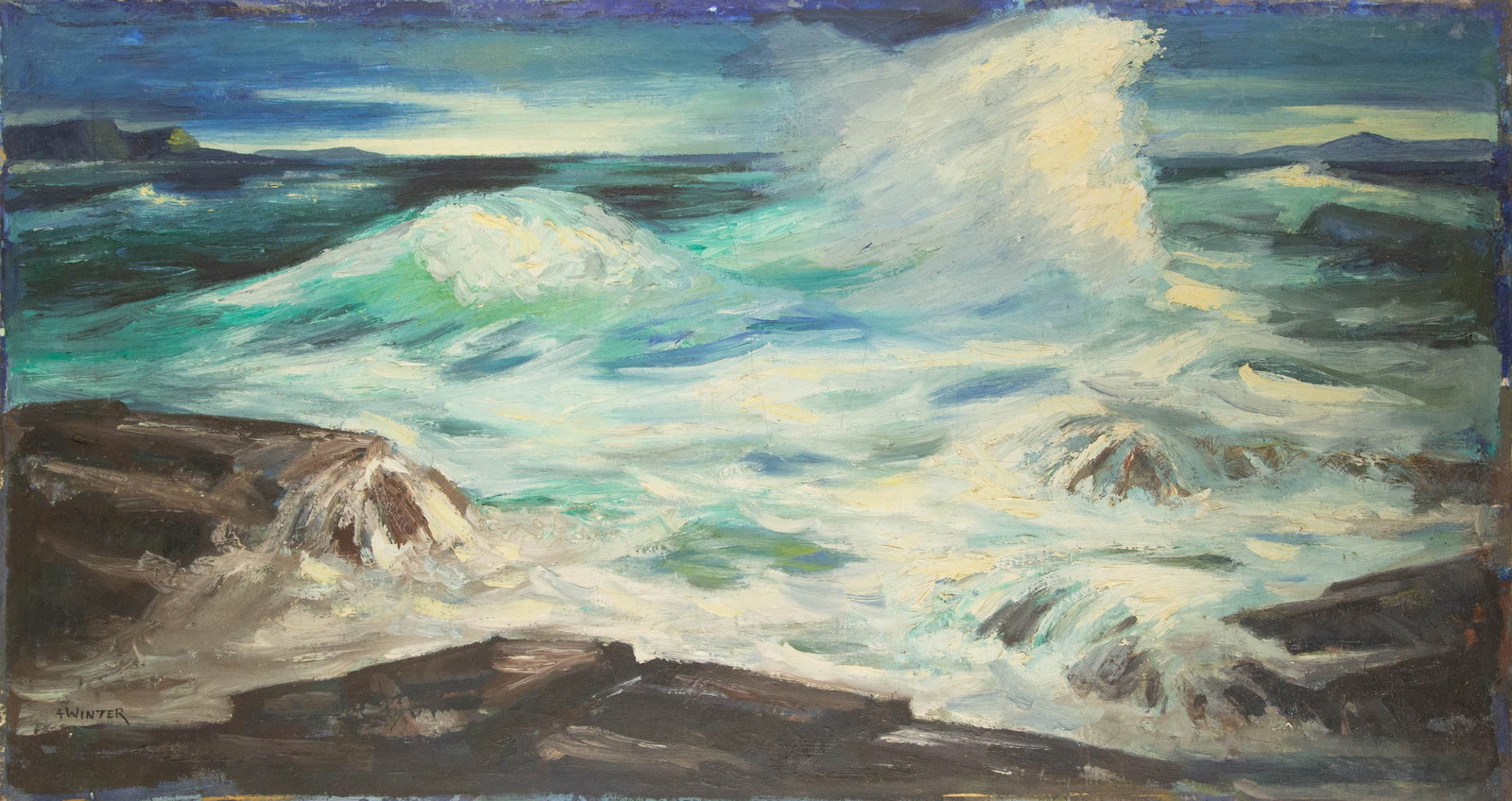 Andrew George Winter ( Estonian-born American, 1893 - 1958 ) Large Waterscape Oil On Canvas: Medium: Oil On Canvas Style: Waterscape Painting Size: 48.25 x 26 inches Frame Size: N/A x N/A inches Condition: This artwork is in good overall condition for its age, although , please note the paint