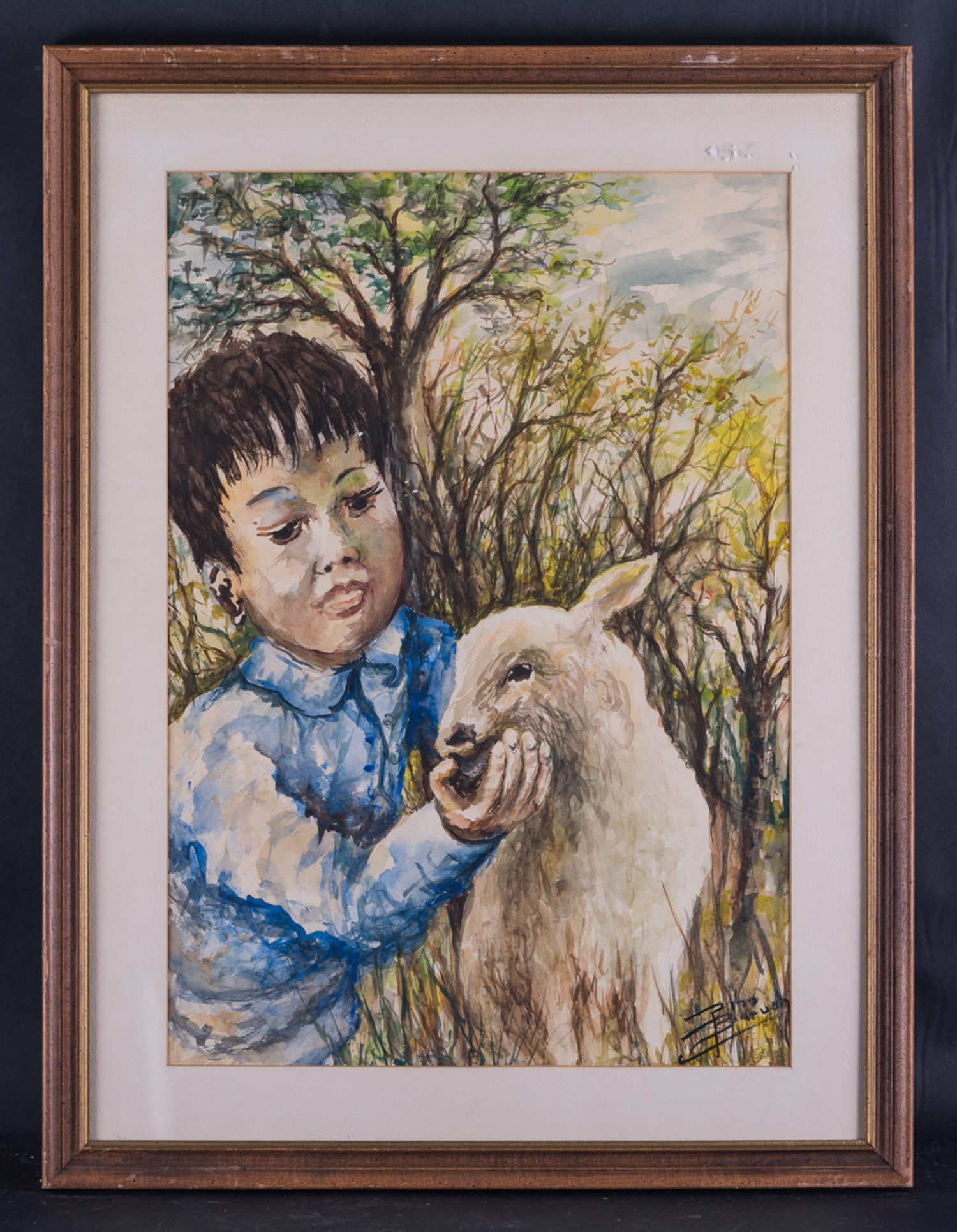 Vintage American Impressionist Watercolor On Paper "Boy And Lamb" Signed: Title: Boy And Lamb Medium: Watercolor on paper Style: Impressionist Size: 19" x 13" Frame Size: 24" x 18" Age: 1960s Condition: Good, no damage seen good condition for its age. Signature: lower right