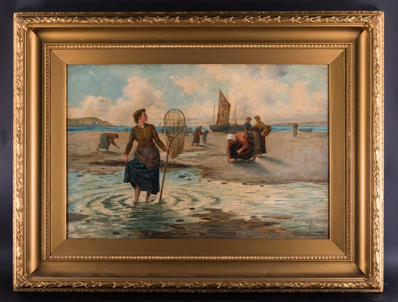 Large Antique Listed Artist E. Mackey Oil Painting "Catching Fishes" Signed: Title: Fishermen Scene Medium: Oil on canvas Style: Impressionist Size: 20" x 28" Frame Size: 32" x 40" Age: 1950s Condition: Good, no damage seen good condition for its age. Signature: E. Mackey Grea