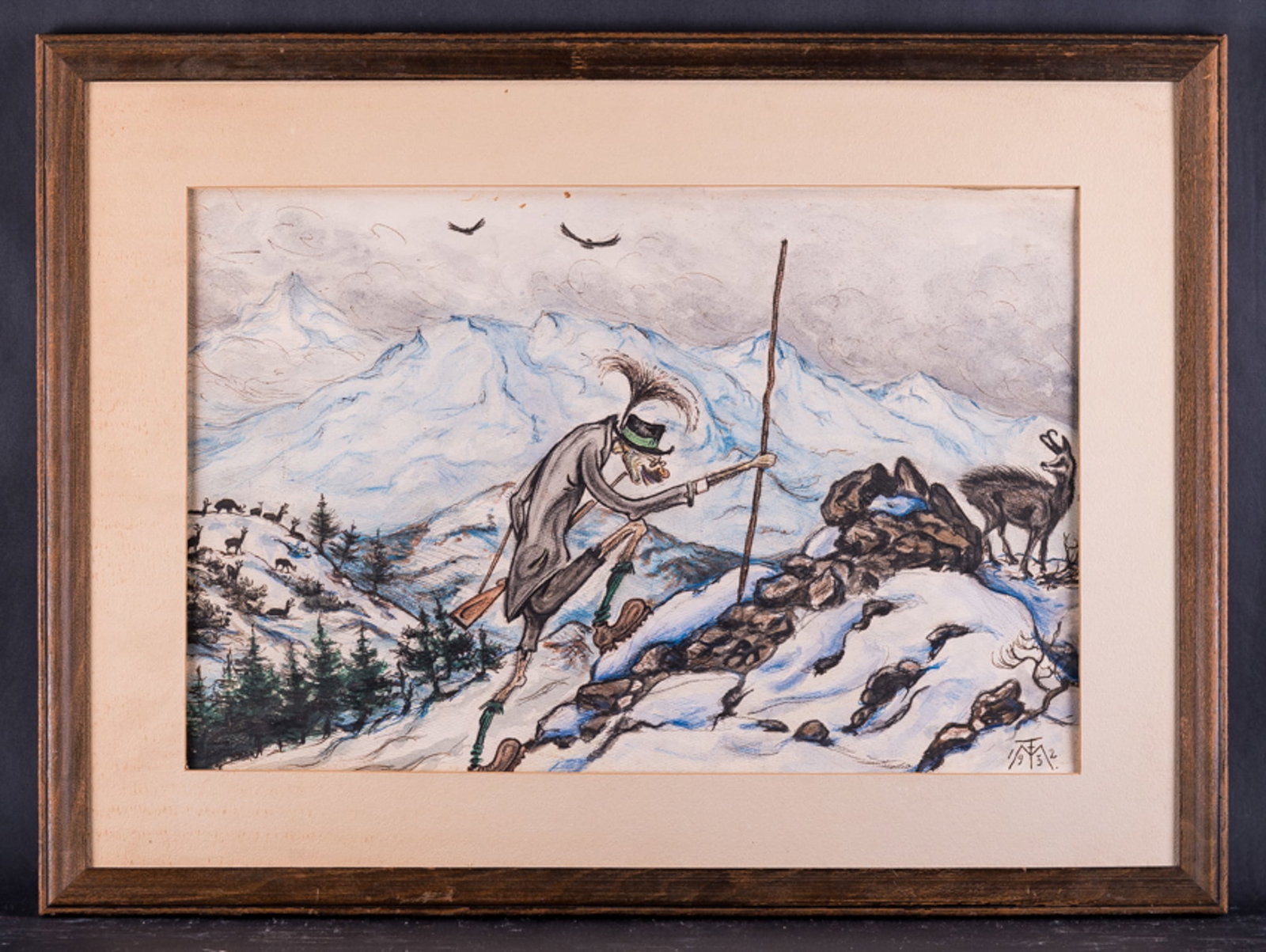 Mid Century Modernist Watercolor Painting "Mountain Climber" Signed Dated: Title: Mountain Climber Medium: Watercolor on Paper Style: Impressionist Size: 12 1/2" x 19" Frame Size: 18 1/2" x 27" Age: 1952 Condition: Good, no damage seen good condition for its age. Signature: