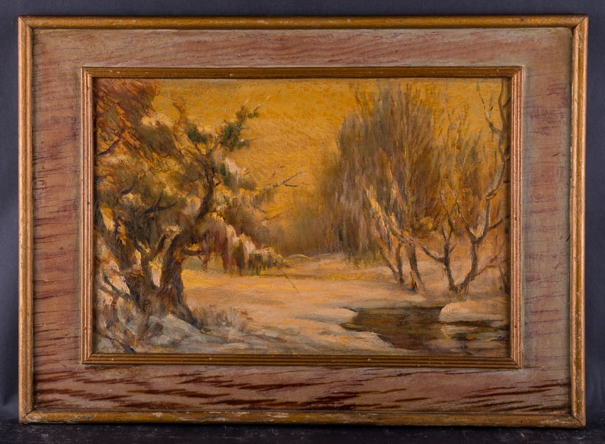 Old Early 20th Century Original Oil "Winter Scene": Title: Snow Scene Medium: Oil on board Style: Impressionist Size: 9 1/2" x 14 1/2" Frame Size: 14 1/2" x 19 1/2" Age: 1920s Condition: Good, no damage seen good condition for its age. Signature: unsig
