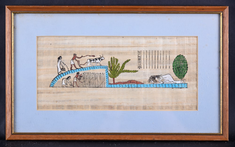 Vintage Egyptian Hieroglyphics Painting On Papyrus Paper "Egypt Scene": Title: Egypt Scene Medium: Paint on papyrus Style: Impressionist Size: 5" x 11" Frame Size: 9" x 15" Age: 1980s Condition: Good, no damage seen good condition for its age. Signature: None Great for co