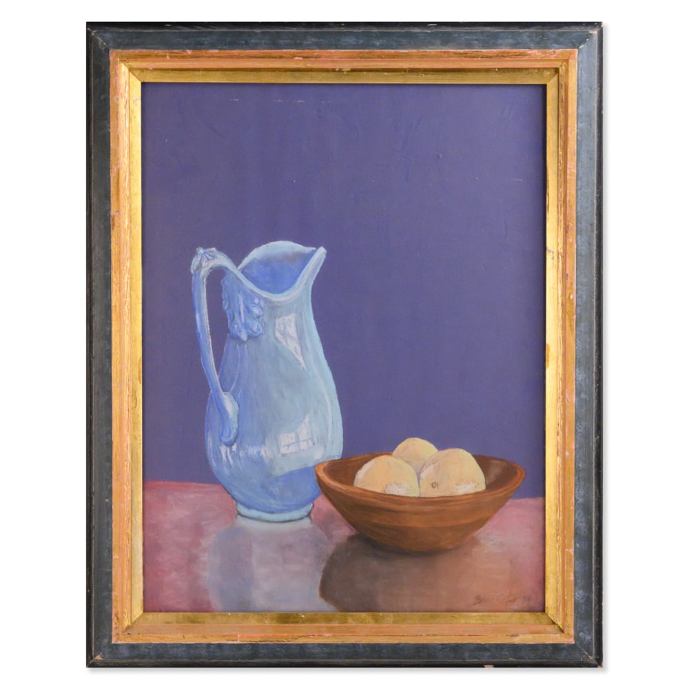 Large 1989 Dated Original Pastel On Paper "Water Jug And Fruits" Signed: Title: Water Jug And Fruits Medium: Pastel on paper Style: Realist Size: 25 1/2" x 19 1/2" Frame Size: 30 1/2" x 24 1/2" Age: 1984 dated Condition: Good, no damage seen good condition for its age. Sig