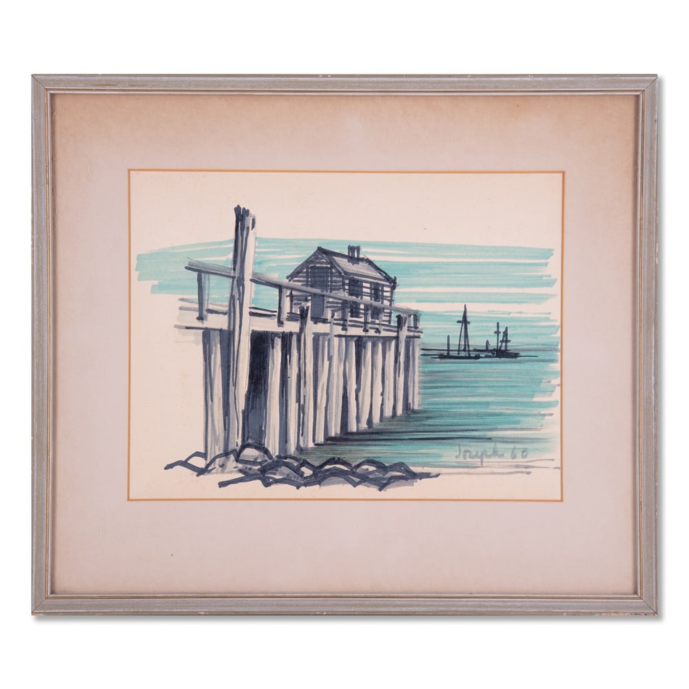 Vintage Original Watercolor On Paper "Dock Scene": Title: Dock Scene Medium: Ink on paper Style: Impressionist Size: 8 1/2" x 11" Frame Size: 13 1/2" x 16" Age: 1960 Dated Condition: Good, no damage seen good condition for its age. Signature: Joseph 6