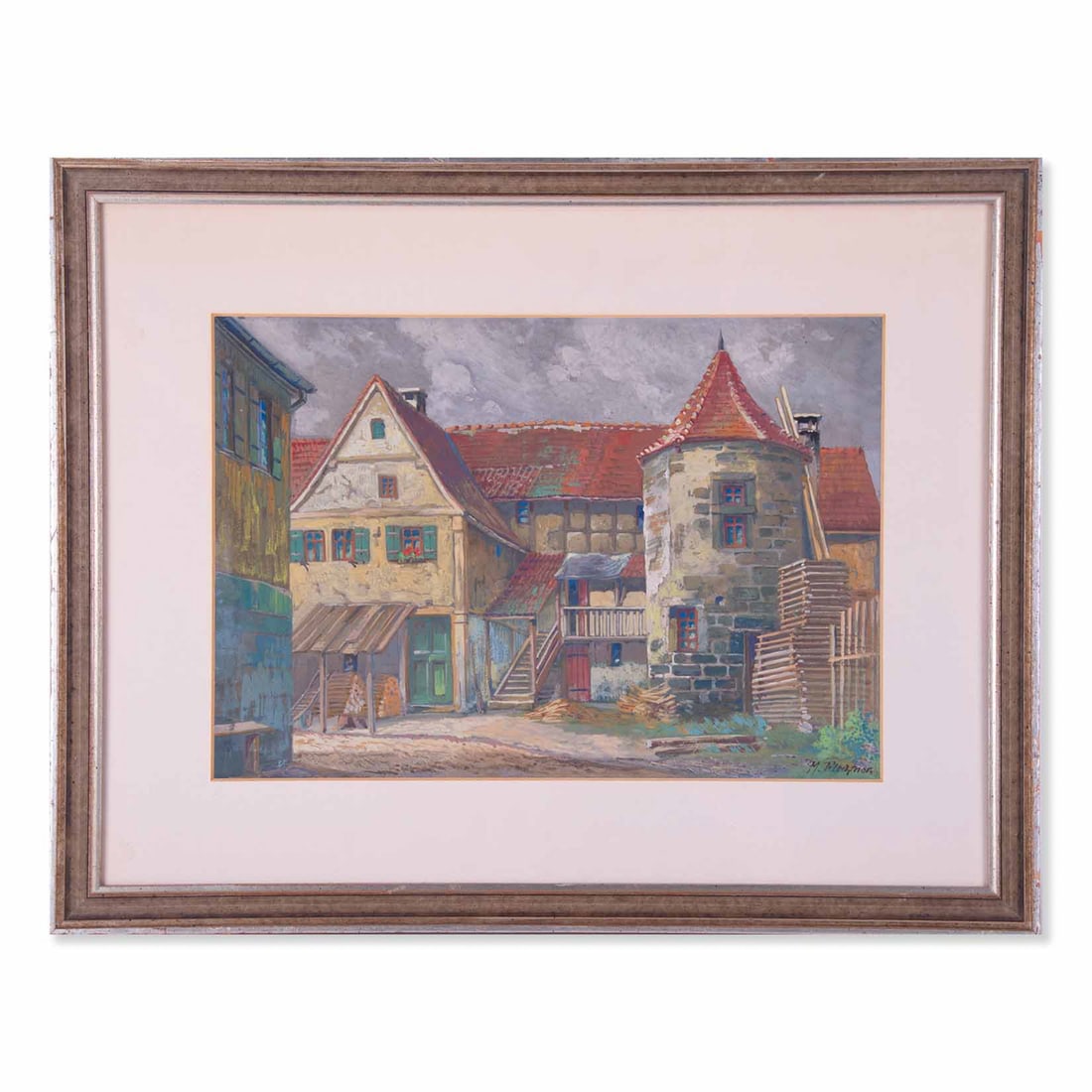 Early 20th Century Original Gouache "Farm House": Title: Farm House Medium: Gouache on paper Style: Impressionist Size: 10" x 14 1/2" Frame Size: 16 1/2" x 21" Age: 1940s Condition: Good overall condition for its age, a small crack on the left of the