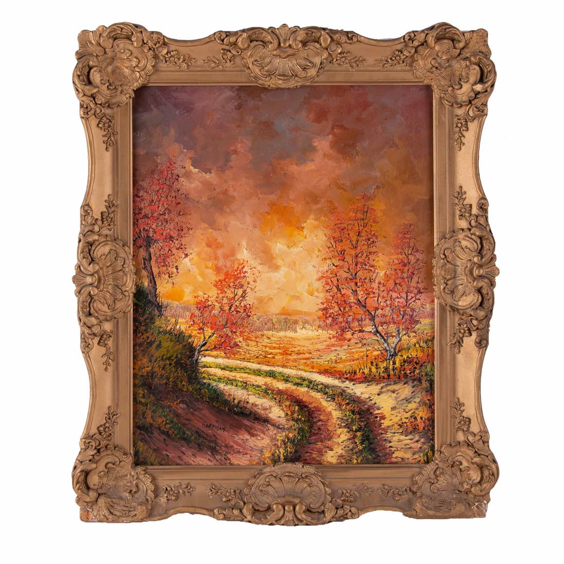Vintage Expressionist Original Oil "Autuman Road": Title: Autumn Road Medium: Oil on canvas Style: Expressionist Size: 20" x 16" Frame Size: 24" x 20" Age: 1960s Condition: Good overall condition for its age, Signature: Hoffman Great for collection or