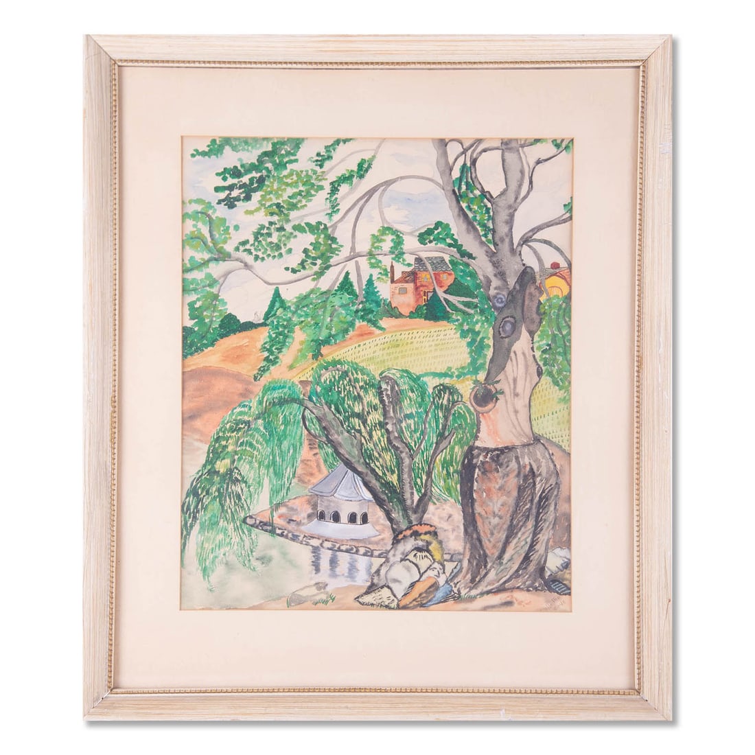After Henry Rousseau Naive Watercolor "Rural Scene": Title: Rural Scene Medium: Watercolor on paper Style: Naive Size: 17" x 14" Frame Size: 24" x 21" Age: 1960s Condition: Good overall condition for its age, Signature: None Great for collection or home