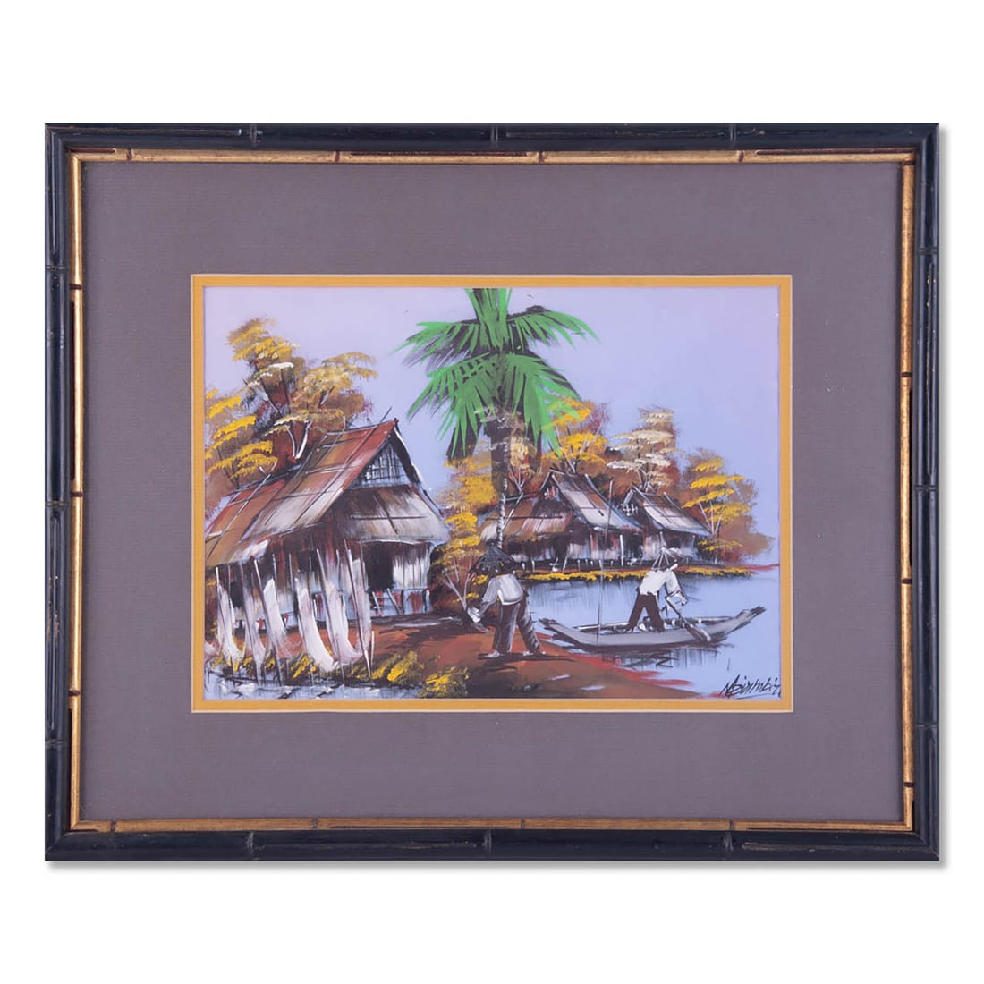 Vintage Modernist Original Gouache On Fabric: Title: Palm Tree By The Huts Medium: Gouache on fabric Style: Contemporary Size: 10" x 14" Frame Size: 17 1/2" x 21 1/2" Age: 1980s Condition: Good overall condition for its age, Signature: lower righ