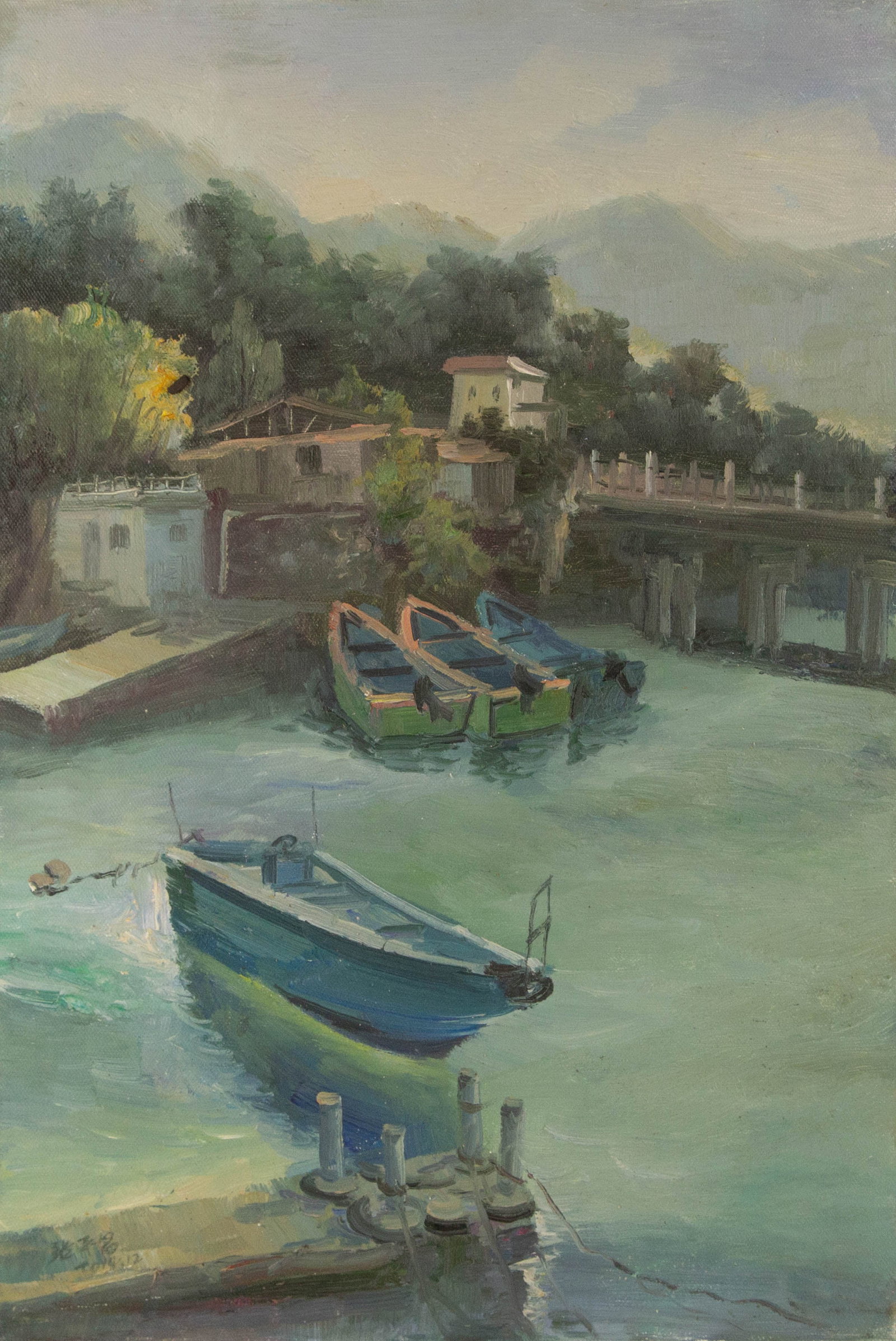 Pingchang Zhang Landscape Original Oil On Canvas "Destination": Title: Destination Medium: Oil on canvas Size: 23 x 15.5 inches Frame: Framing options available! Condition: The painting appears to be in excellent condition. Note: This painting is unstretched, ship