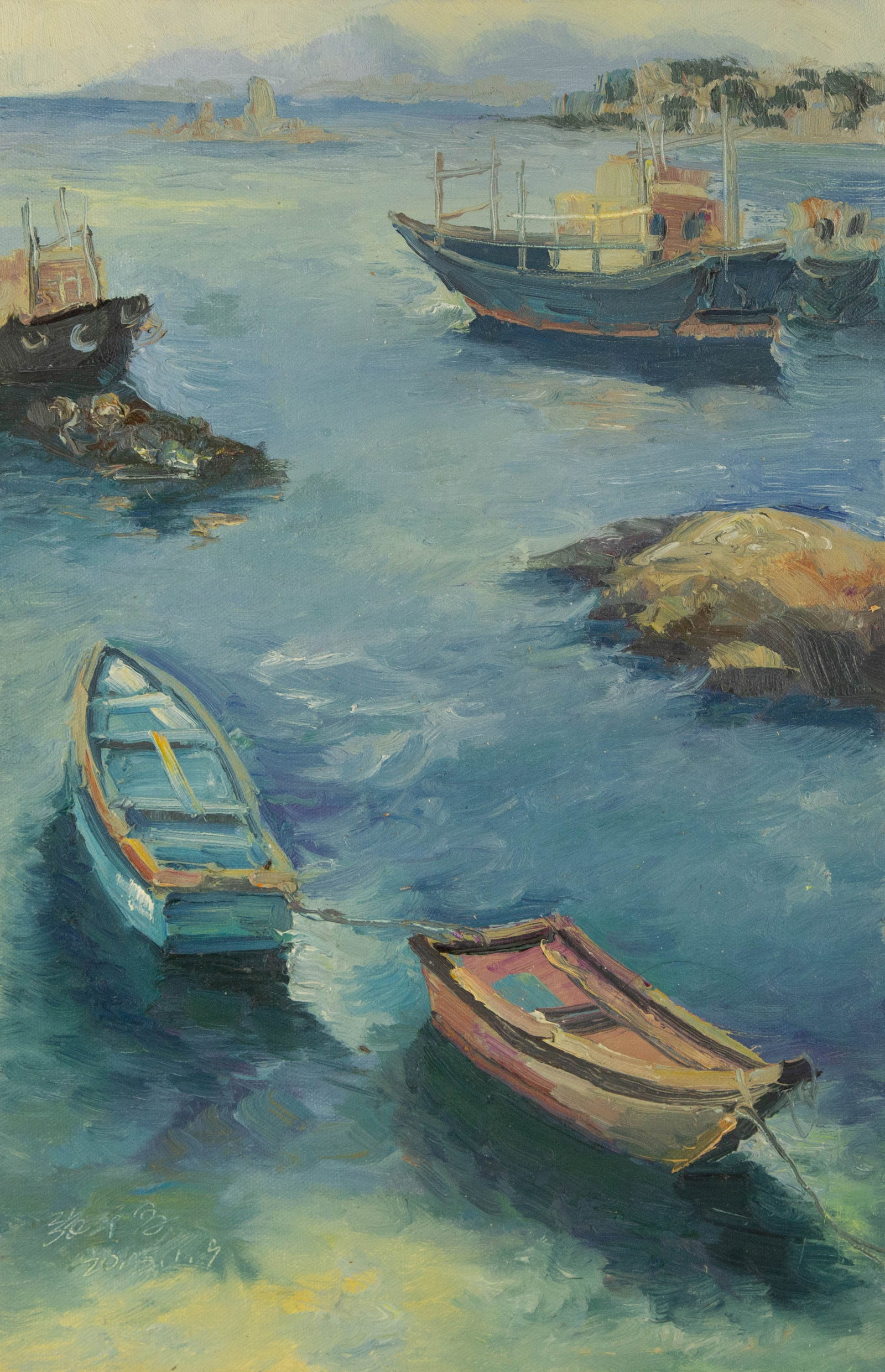 Pingchang Zhang Waterscape Original Oil On Canvas "Boats By The Harbor": Title: Boats By The Harbor Medium: Oil on canvas Size: 23.25 x 15.25 inches Frame: Framing options available! Condition: The painting appears to be in excellent condition. Note: This painting is unstr