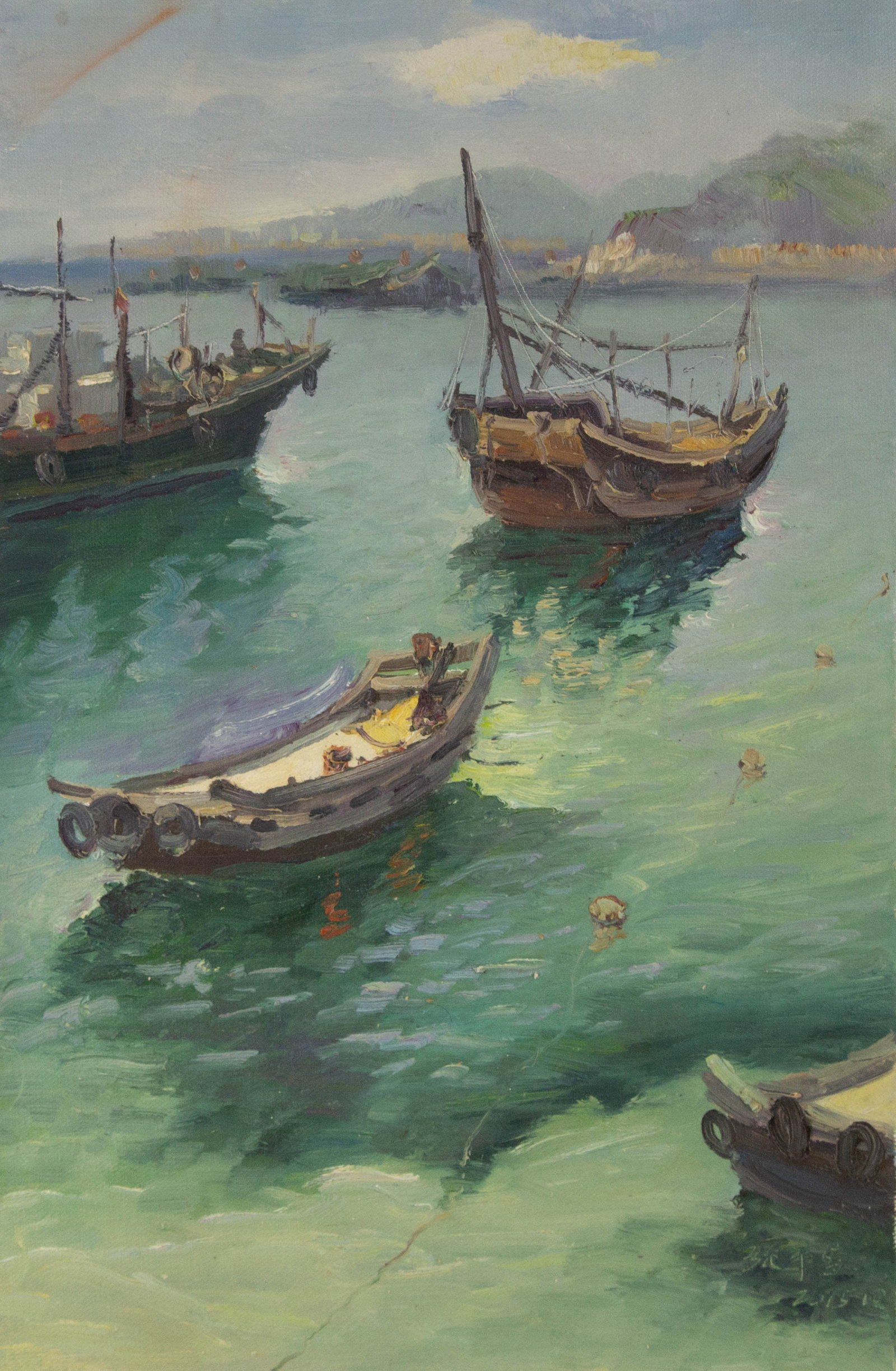 Pingchang Zhang Waterscape Original Oil On Canvas "Boat": Title: Boat Medium: Oil on canvas Size: 23.25 x 15.25 inches Frame: Framing options available! Condition: The painting appears to be in excellent condition. Note: This painting is unstretched, shipped