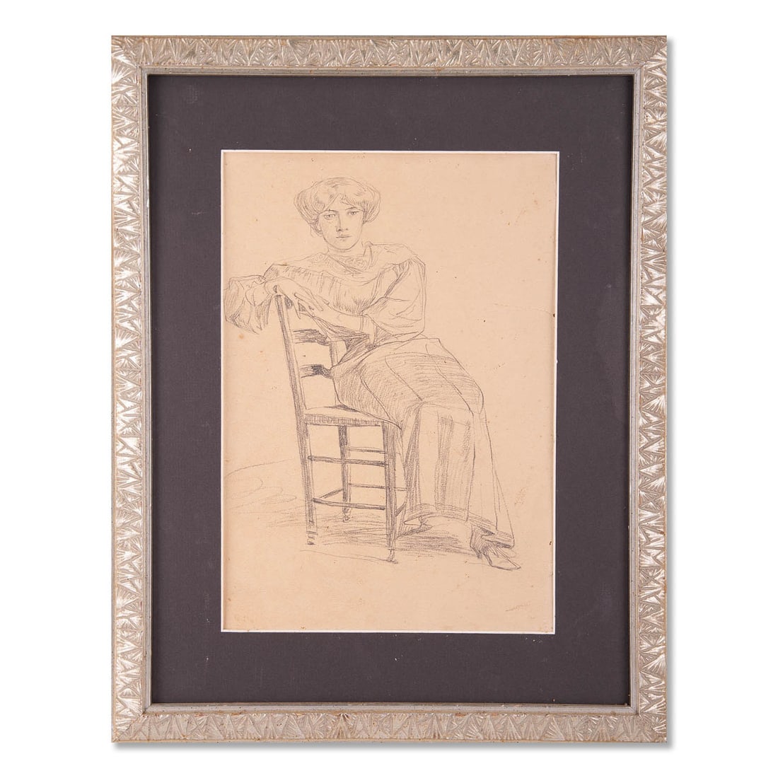 Early 20th Century Pencil On Paper "Lady On Chair": Title: Lady On Chair Medium: Pencil on paper Style: Sketch Size: 12" x 8 1/2" Frame Size: 18" x 14 1/2" Age: 1940s Condition: Good overall condition for its age, Signature: Unsigned Great for collecti