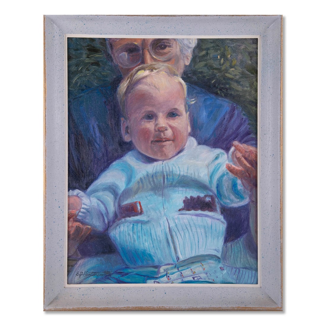 Impressionist Oil Painting "Grandpa And Baby": Title: Grandpa And Baby Medium: Oil on board Style: Impressionist Size: 18" x 14" Frame Size: 21" x 17" Age: 1992 Dated Condition: Good overall condition for its age, Signature: H. Hartmann Great for