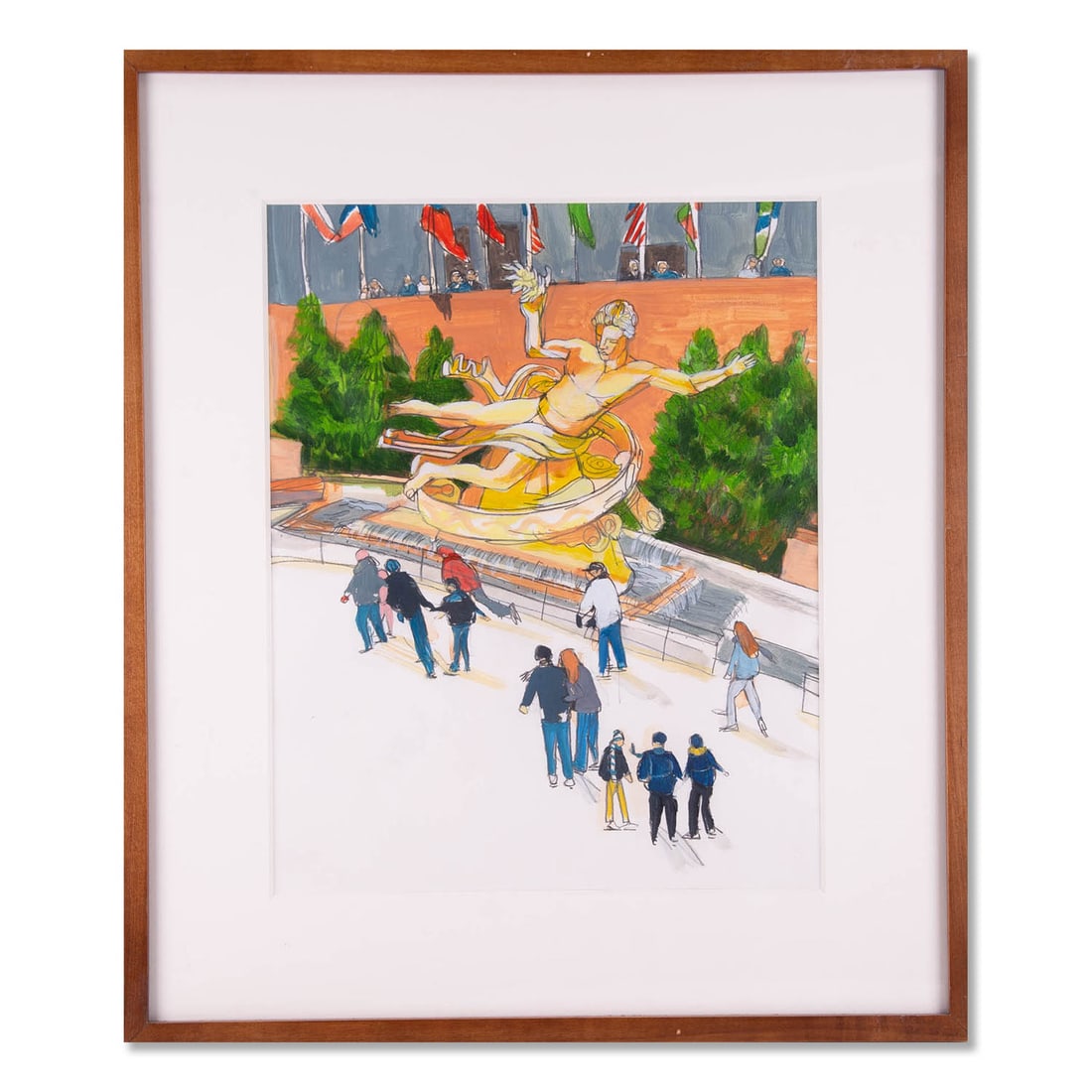 Vintage Original Watercolor "Rockerfeller Ice Rink": Title: Rockerfeller Ice RInk Medium: Watercolor on paper Style: Impressionist Size: 17" x 13 1/2" Frame Size: 24" x 20 1/2" Age: 1970s Condition: Good overall condition for its age, Signature: None Gr